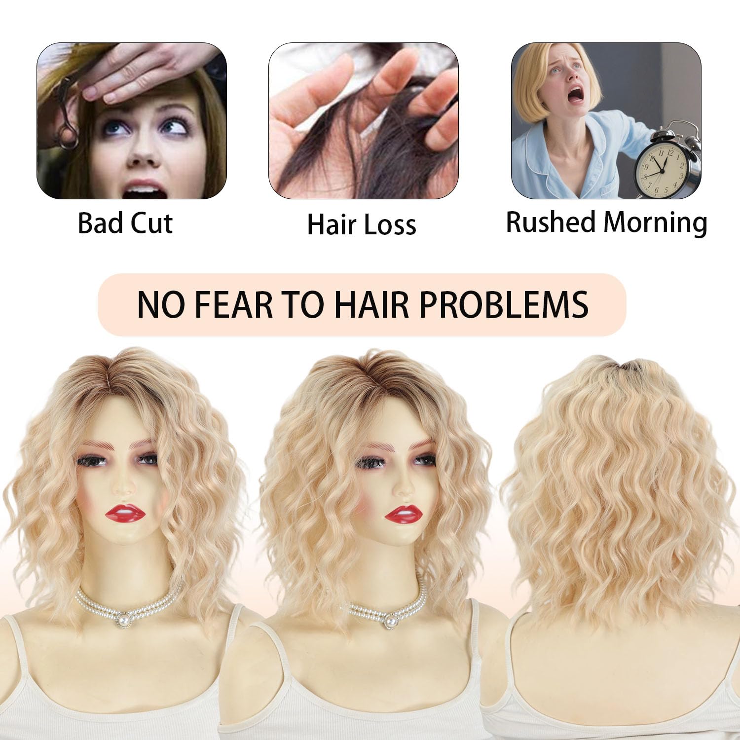 Pre Cut Lace Platinum Blonde Perücke Damen Schulterlange Gewellte Gestufte Bob Wig Perücke mit Pony,Echte Kopfhaut Synthetische Perücken für Dünnes Haar/Grauabdeckung Täglichen Gebrauch
