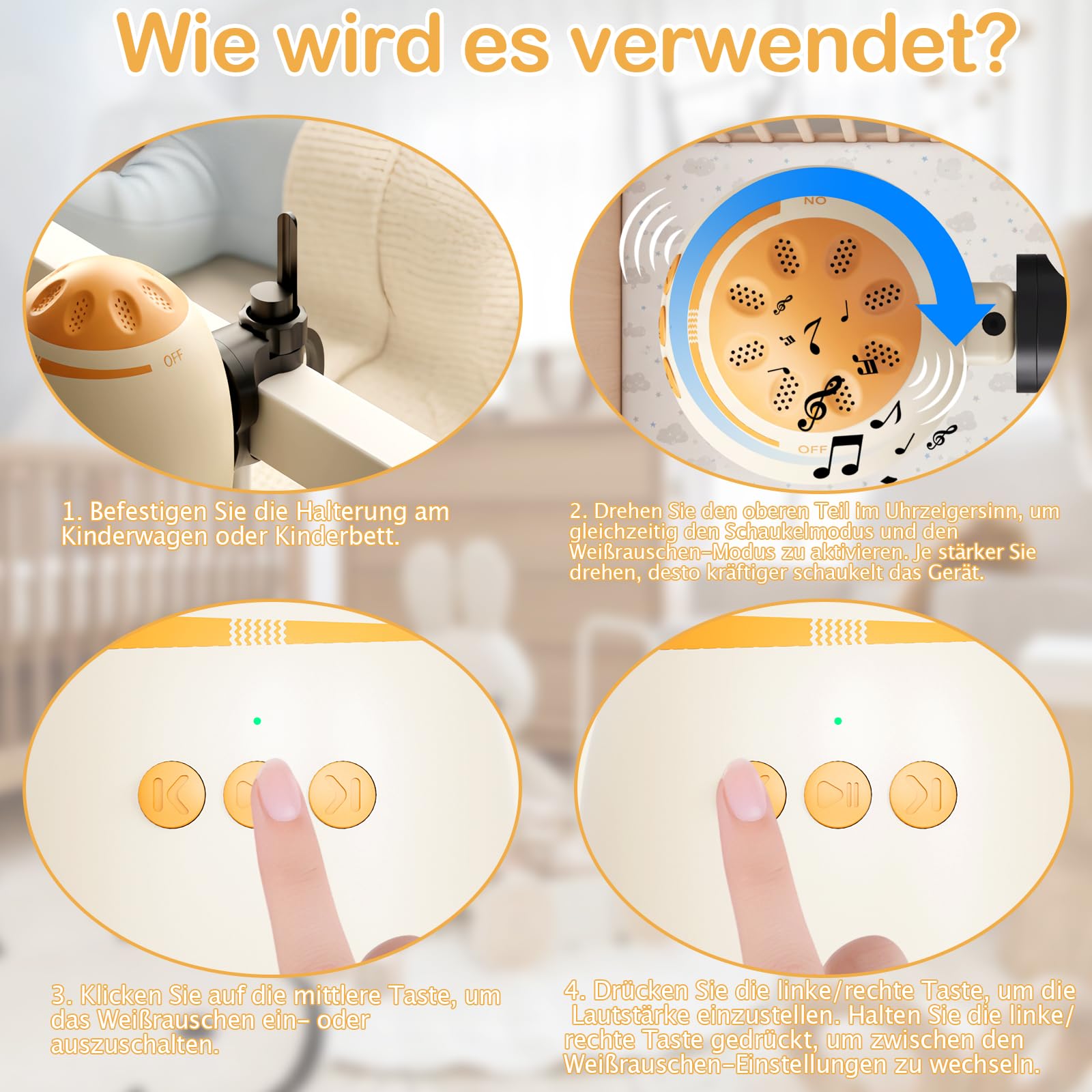 Smofrees Kinderwagenschaukler, Automatische Babywippe mit Gerät für weißes Rauschen, Einschlafhilfe Baby wiederaufladbar (USB)，Beige - 4