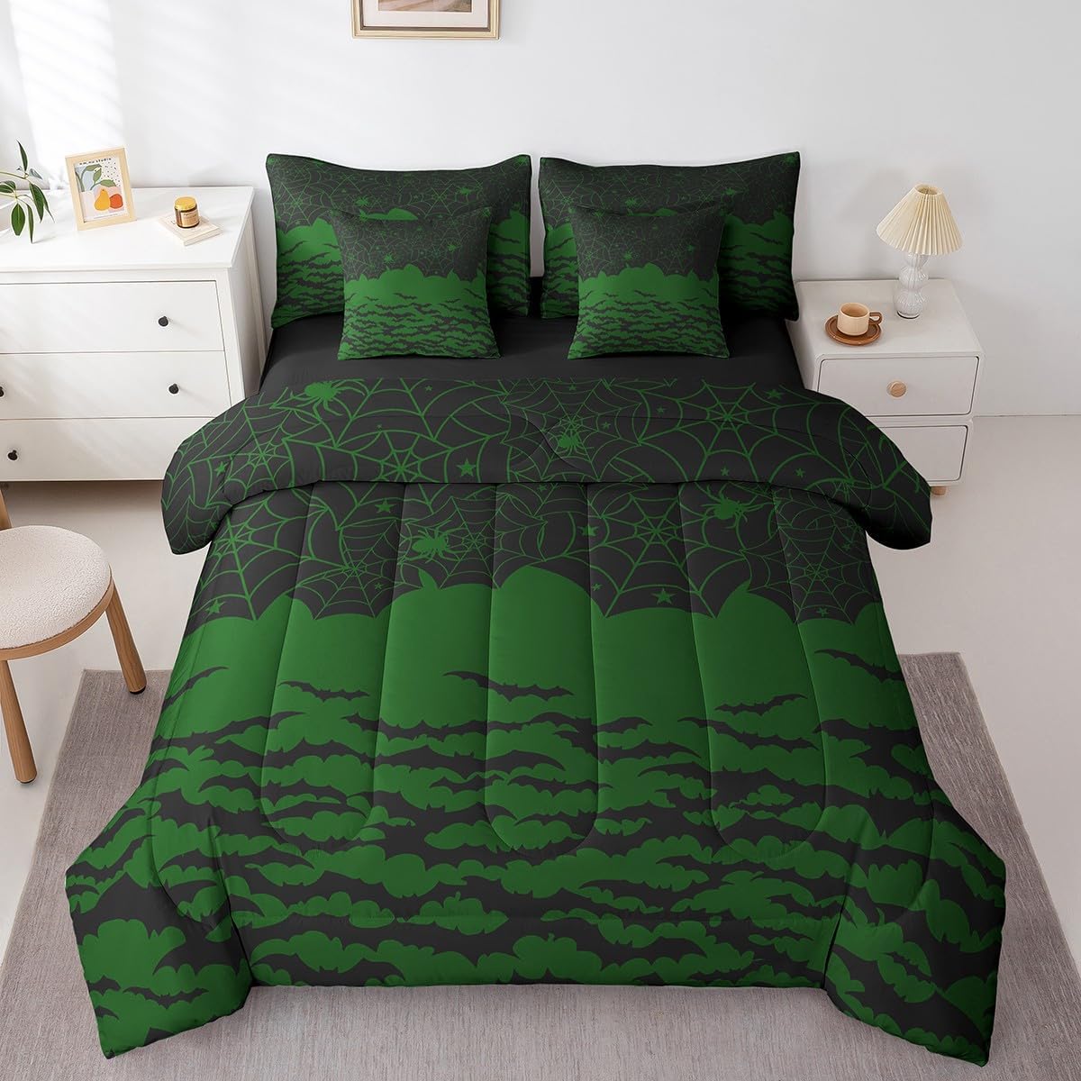 Erosebridal Halloween Jade Green 7 Piece Comforter Set Full Bed in a Bag,Gothic Spider Web Bedding Sets for Kids Boys Girls Trippy Bats Wildlife Birds Halloween Decorations Sheet Set with Comforter