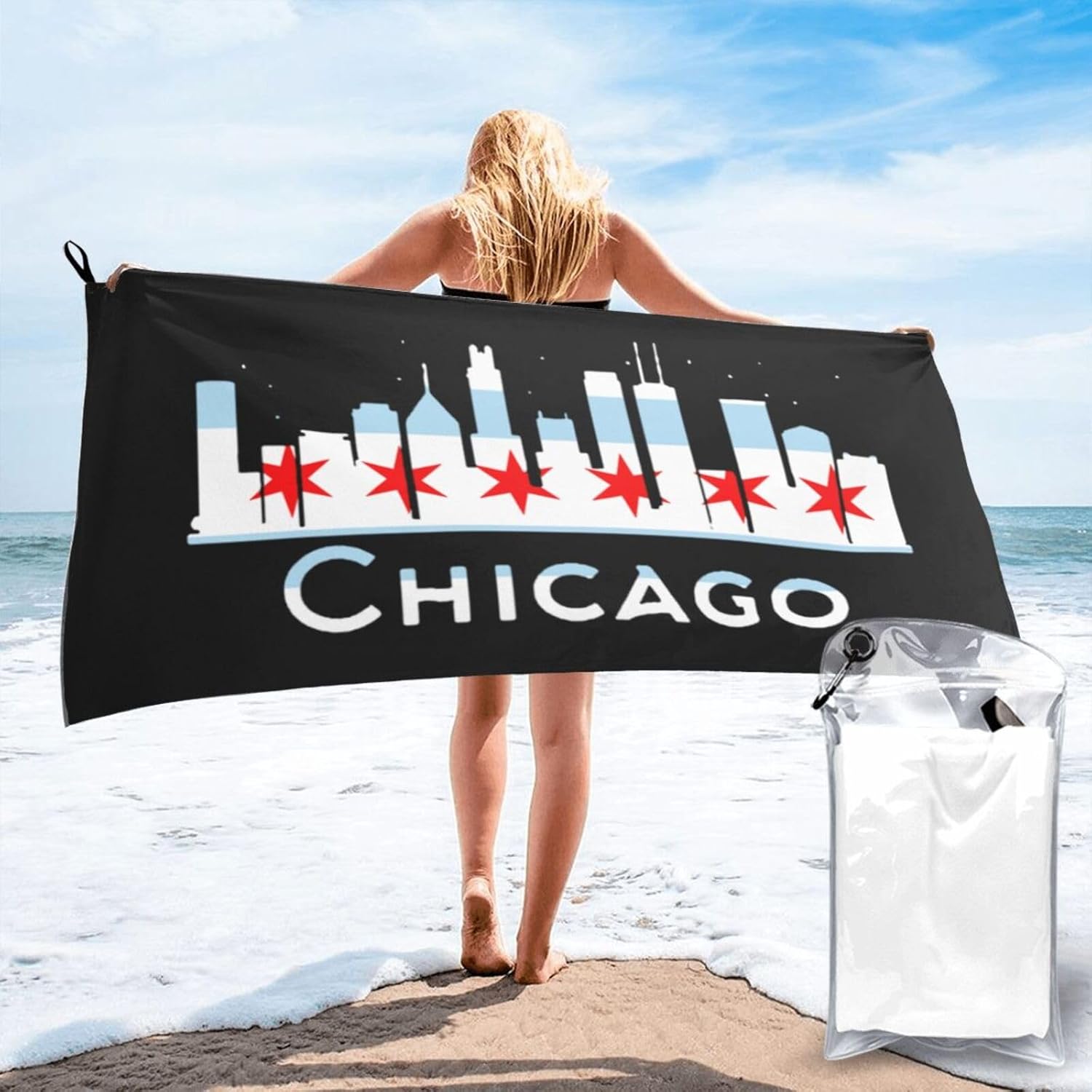 Chicago City Flag Skyline USA Beach Towel, Microfiber Beach Towels, Oversized, Quick