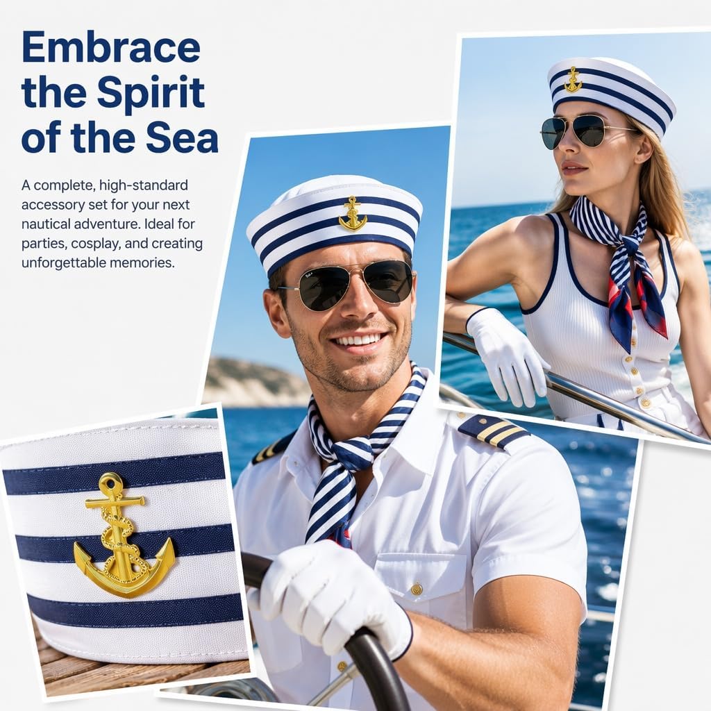 Captain Hat & Sailor Costume Accessories Set for Nautical Dress‑up Party