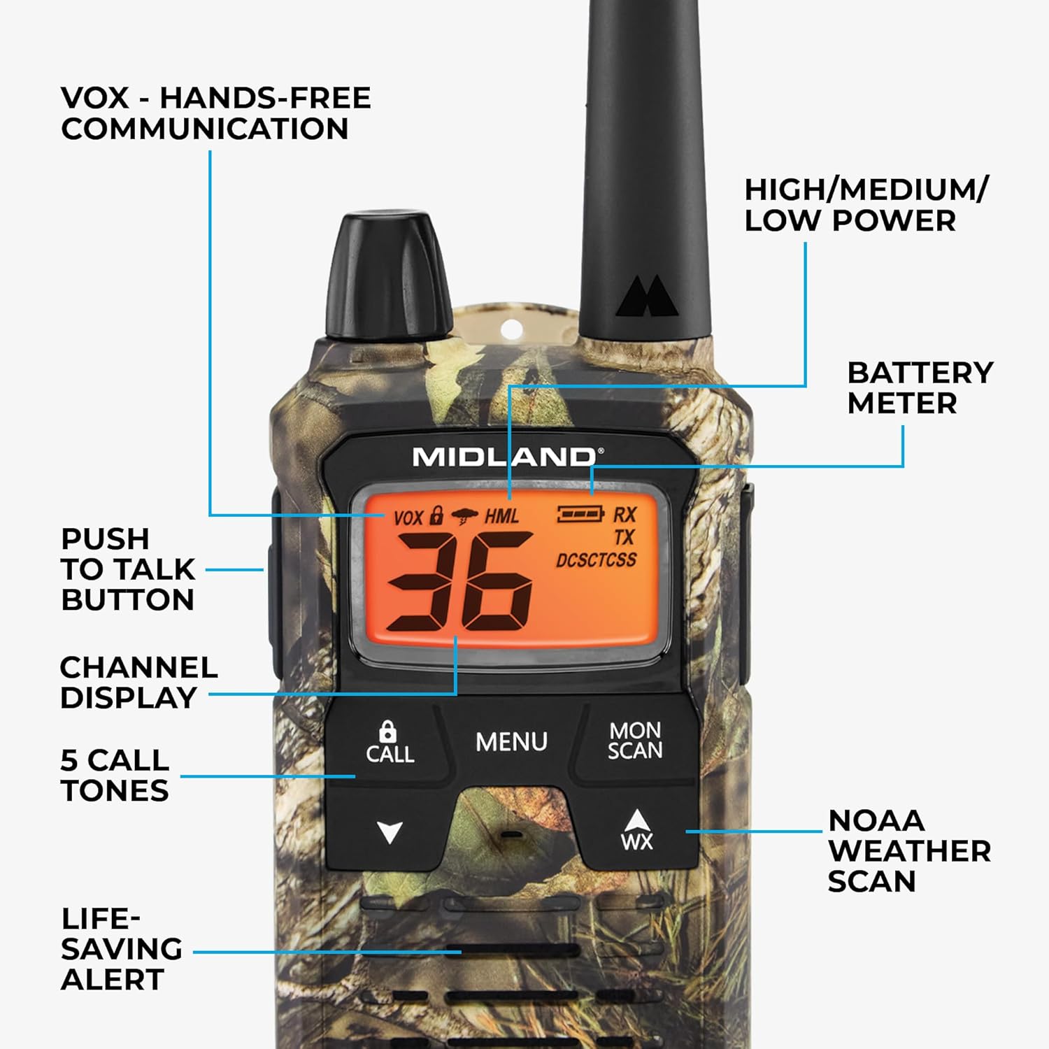 Midland - T295VP4 X-TALKER Walkie Talkies with 22 GMRS Channels – Two-Way Radio NOAA Weather Alert & Scan Technology, Dual Power Options, 121 Privacy Codes, Silent Operation – Camo, Set of 2