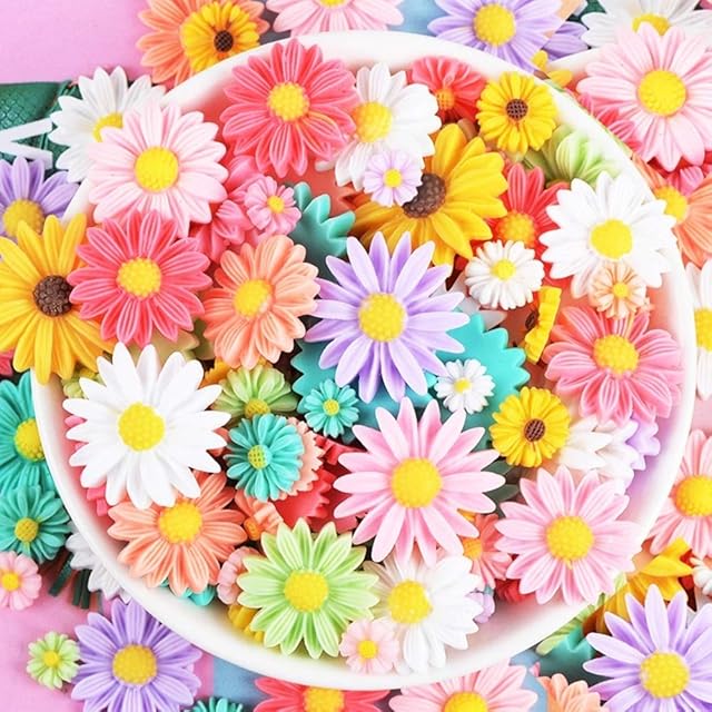 81Pcs Flower Slime Charms 9 Colors Flower Daisy Cabochons Resin Flatback Cabochons for Jewelry Making Scrapbooking Phone Case Decor Hair Accessories Fairy Garden Decor