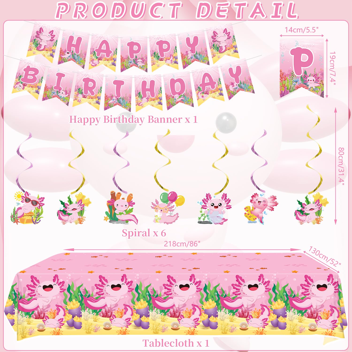 Confetti Axolotl Rosa per Festa di Compleanno - Forniture per Festa Axolotl inclusi Banner, Piatti, Cake Topper, Tazza, Tovagliolo, Palloncino, Tovaglia - per 20 Persone (LQ)