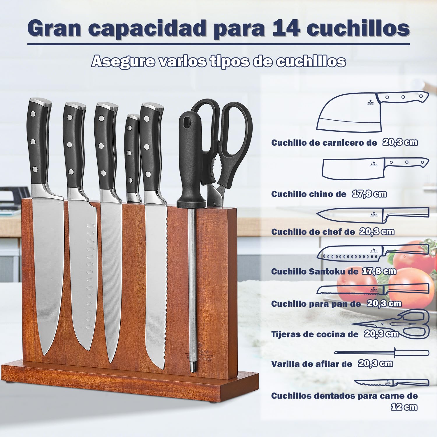 ENOKING Soporte Iman Cuchillos De Cocina, Bloque MagnéTico Doble Cara Para Utensilios Cocinero, Tacoma Sin Cuchillos De Acacia Para Cocina Para ExhibicióN Y Almacenamiento De Cubiertos