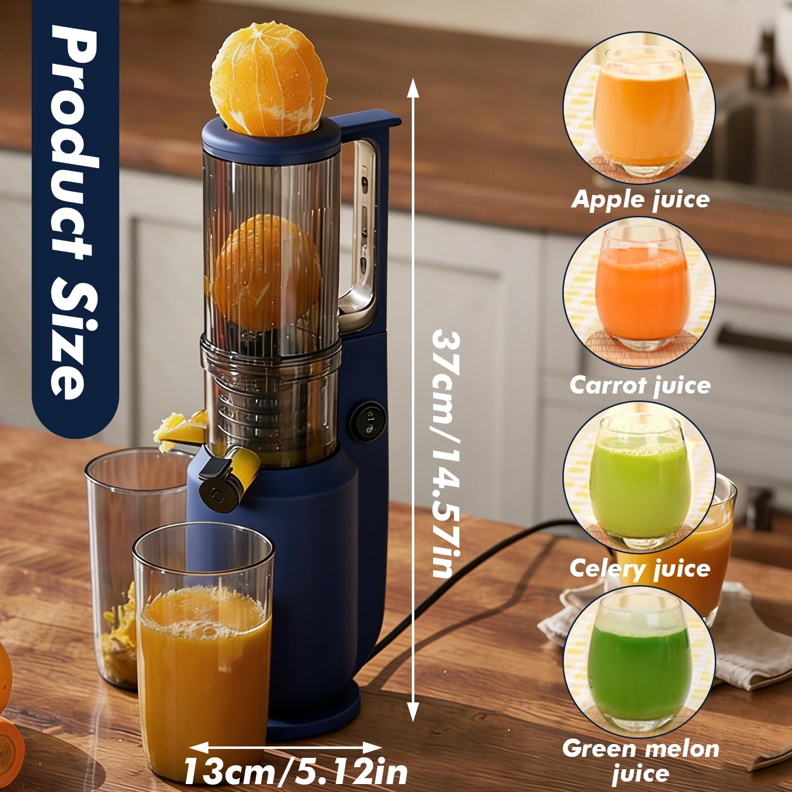 Exprimidor Lento Compacto 200W, Prensa en Frío con Tubo de 80 mm – Exprimidor de Verduras y Frutas para Alto Rendimiento, Sin BPA y Fácil de Limpiar – Licuadora para Frutas Enteras