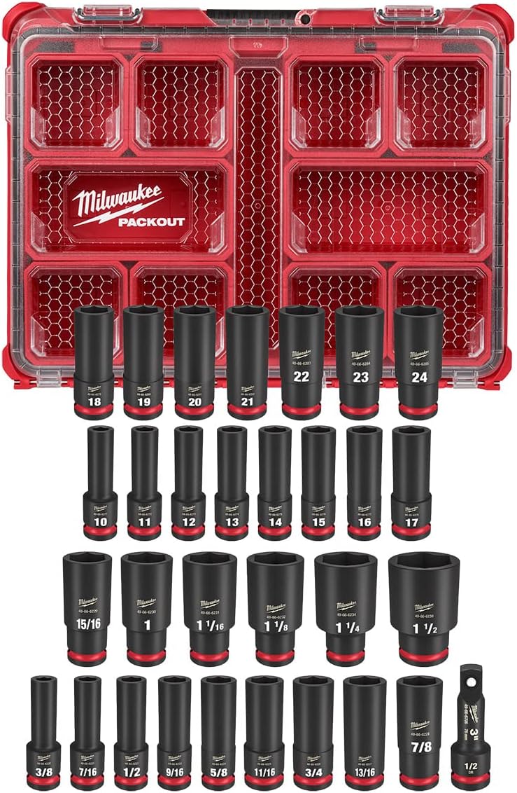 Milwaukee 49-66-6806 Shockwave Impact-Duty 1/2 in. Drive Metric and SAE Deep Well Impact PACKOUT Socket Set (31-Piece)