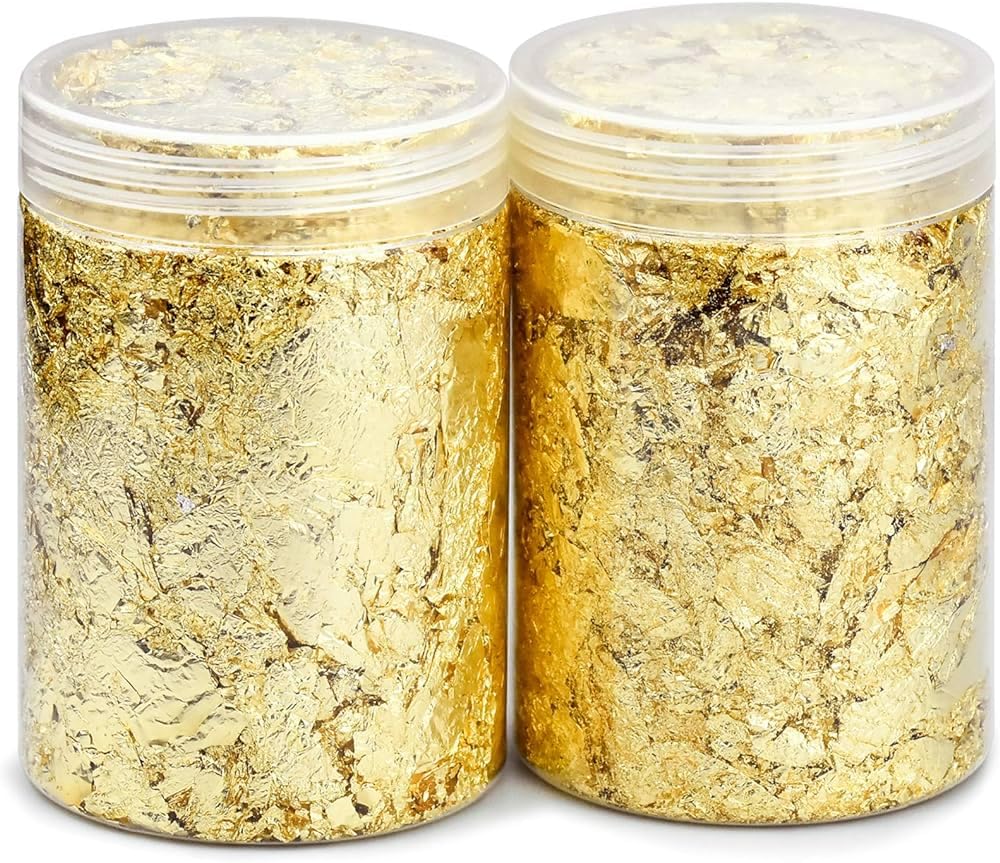 2 Bottles Gold Foil Flakes Gilding Gold Flakes Gold Leaf Flakes Imitation for Nails Painting Arts Crafts Resin Jewelry Making Decoration (15g/Bottle) (Pack of 2)