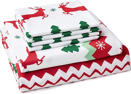 Miniatura 2 de BYSURE Juego de sábanas estampadas de renos y árboles de Navidad, 6 piezas (tamaño Queen, renos de Navidad), ropa de cama de microfibra con bolsillo
