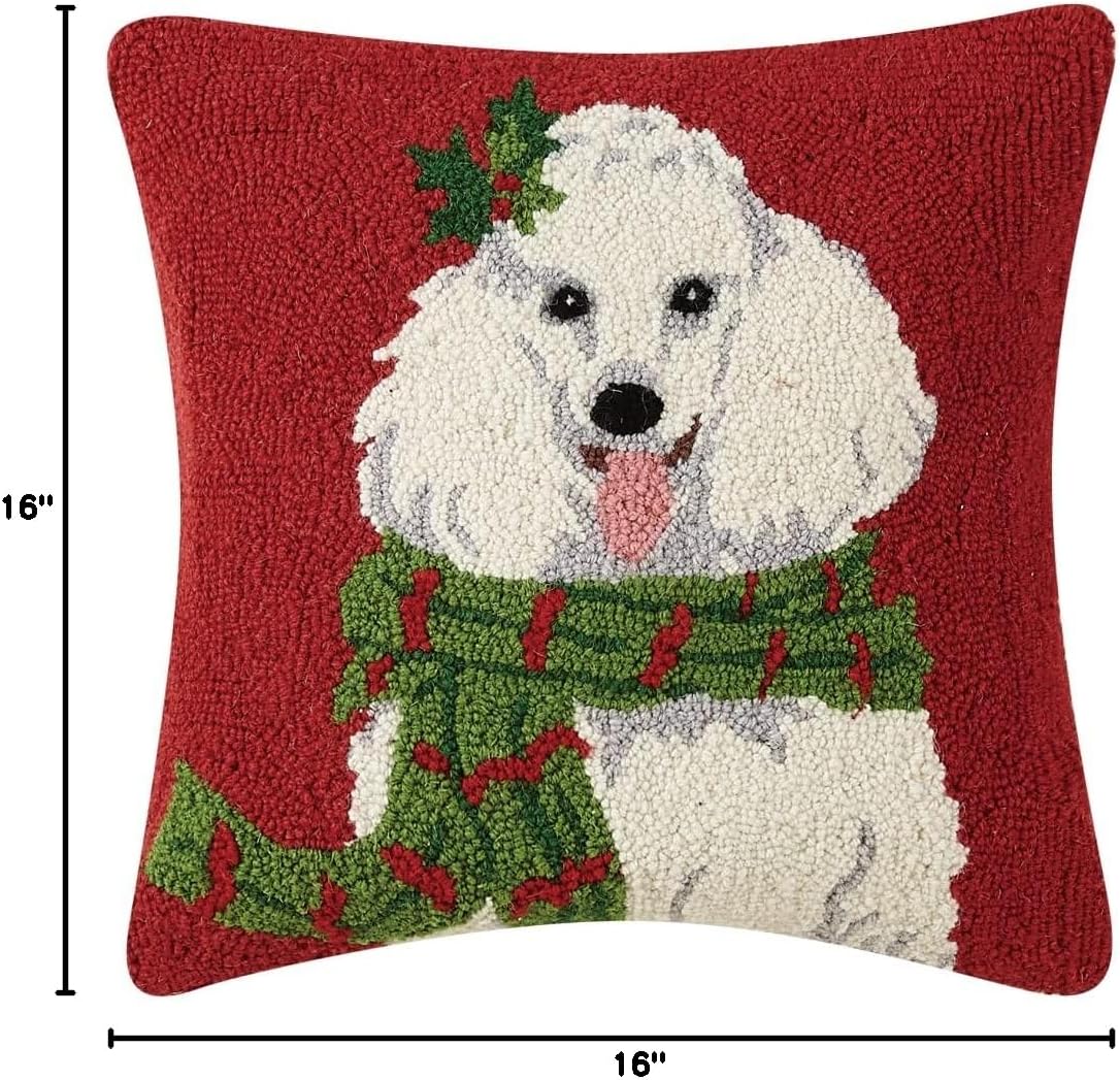 Peking Handicraft 31SJM10336BC16SQ Christmas Poodle Hook Pillow Poly Filled, 16-inch Square, Wool and Cotton