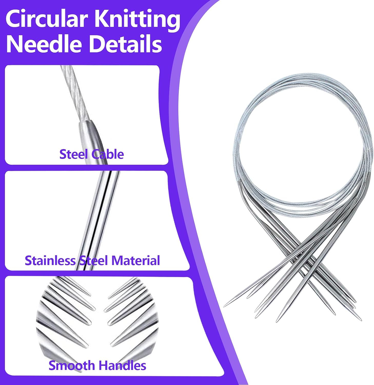6 Pcs Circular Knitting Needles Set,Stainless Steel Round Knitting Needles,31-inch (80cm),for Socks Sweaters Hats Scarf Crochet DIY,US: 8,7,6,4,3 and 2(5.0, 4.5, 4.0, 3.5,3.25 and 2.75mm) image 5
