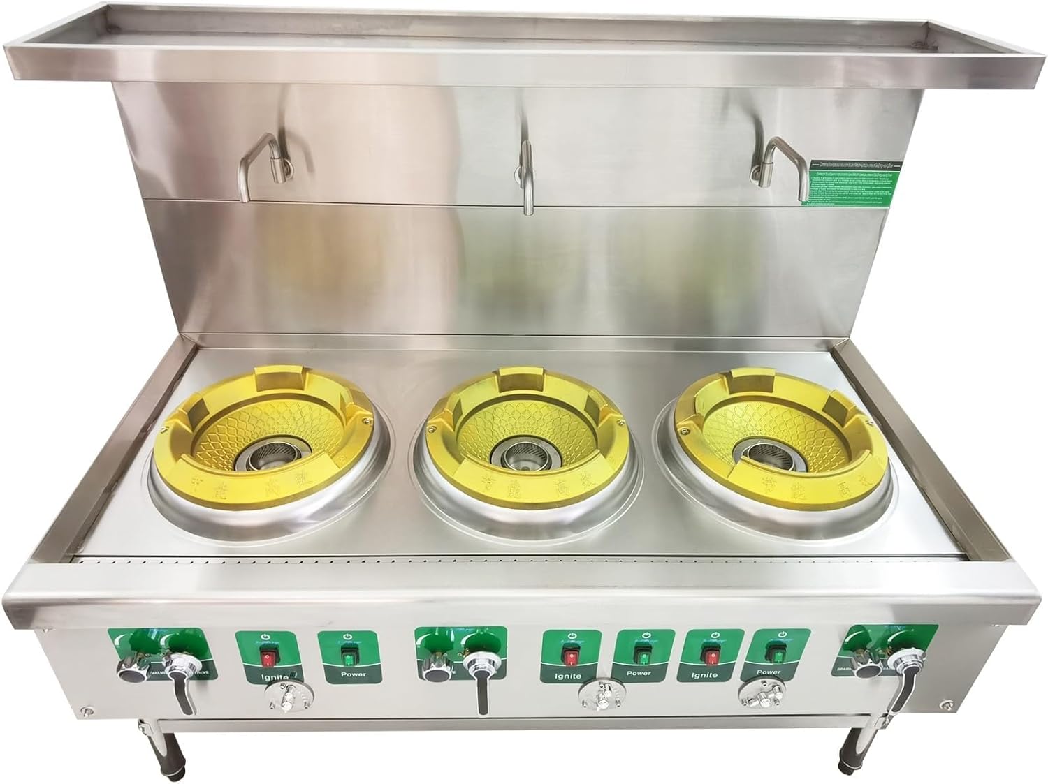 110V 13" Commercial Gas Wok Stove, 85300BTU Three-Burner Gas Range, Stainless Steel Countertop Cooking Range with Safe Baffle for Restaurant