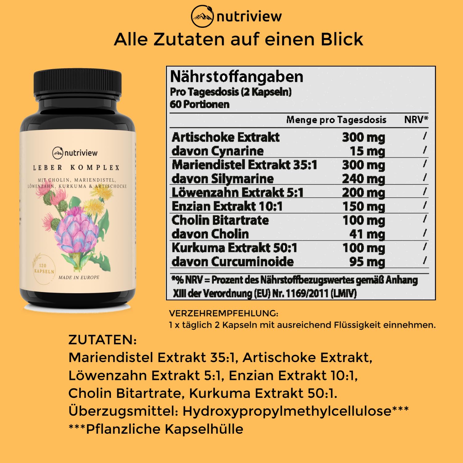 Mariendistel Artischocke Löwenzahn Leber Komplex mit Kurkuma, Enzian & Cholin - 120 Kapseln - Hochdosiert mit 80% Silymarin & 5% Cynarin - Ohne Zusätze - Vegan - Bitterstoffe
