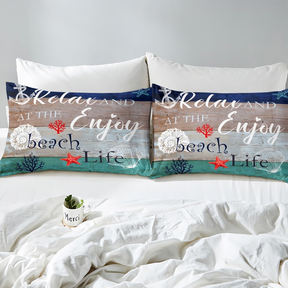 Beach Theme Bedding Set Twin Size Starfish Coral Bed Set for Girls Teens Bedroom Decor Kids Wood Panels Fitted Sheet Soft Microfiber Vintage Bed Cover(1 Fitted Sheet+1 Pillow Case)