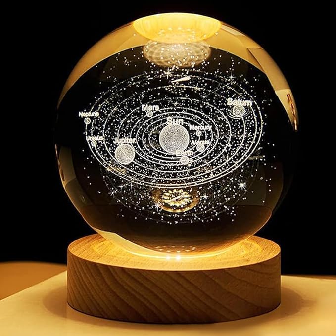 Universe Crystal Ball Night Light,3D Glass Ball Night LED Lamp with Woodern Base,Colorful LED Wooden Crystal Ball for Home Decoration Birthday Gift for Teens Boys andGirls