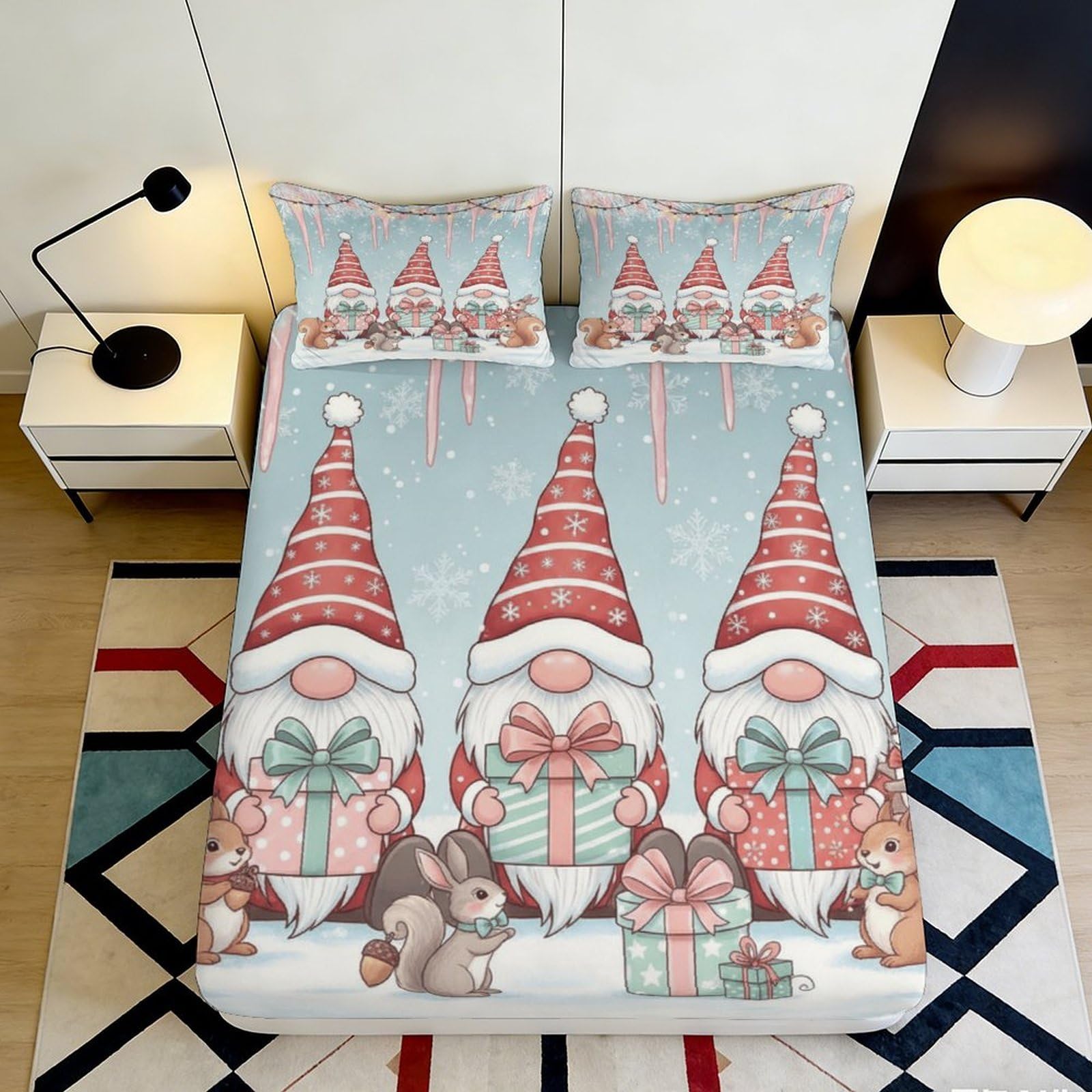 3D Printed Christmas Gnome Fitted Sheet Microfiber Soft Anti-Slip Nordic Reindeer Bed Cover for Bedroom Dorm Decor 90x200x25cm