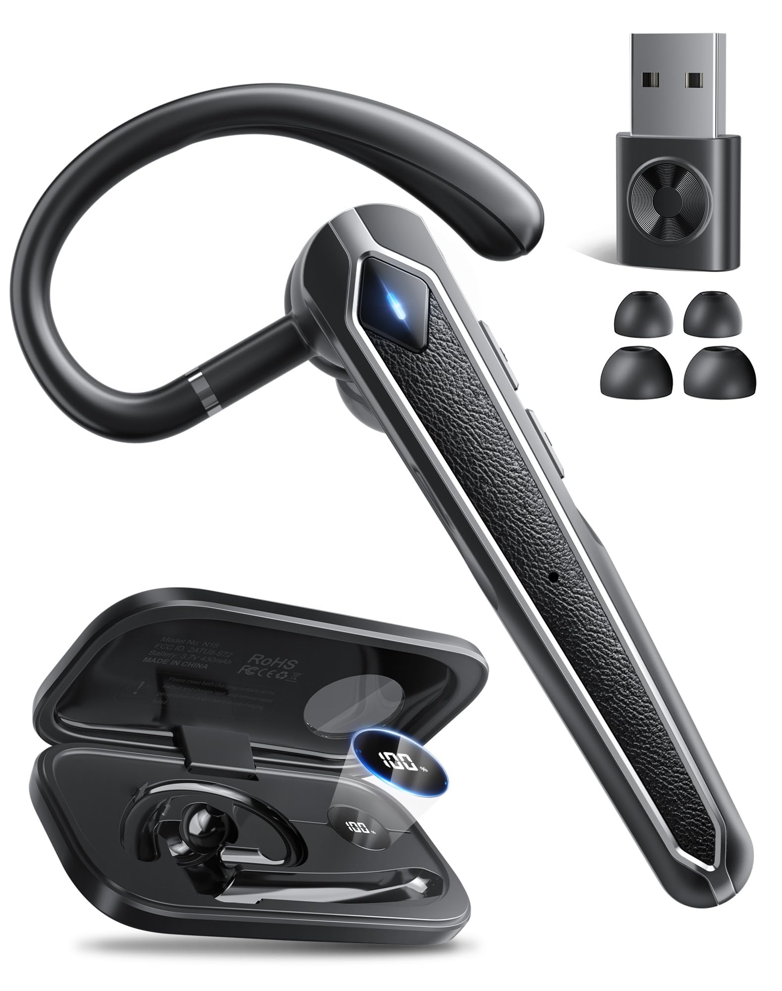 Eigsupia Bluetooth Headset V5.4, Wireless Bluetooth Earpiece with USB Dongle and Charging Case, Hands Free Noise Canceling Headphones with Dual-Mic