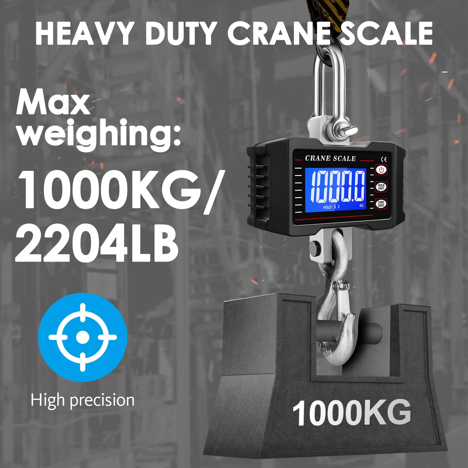 Digitale Kranwaage 2200 Lbs 1000KG LCD Hochpräziser Sensor Datenhalte Tara Einheitenumschaltung