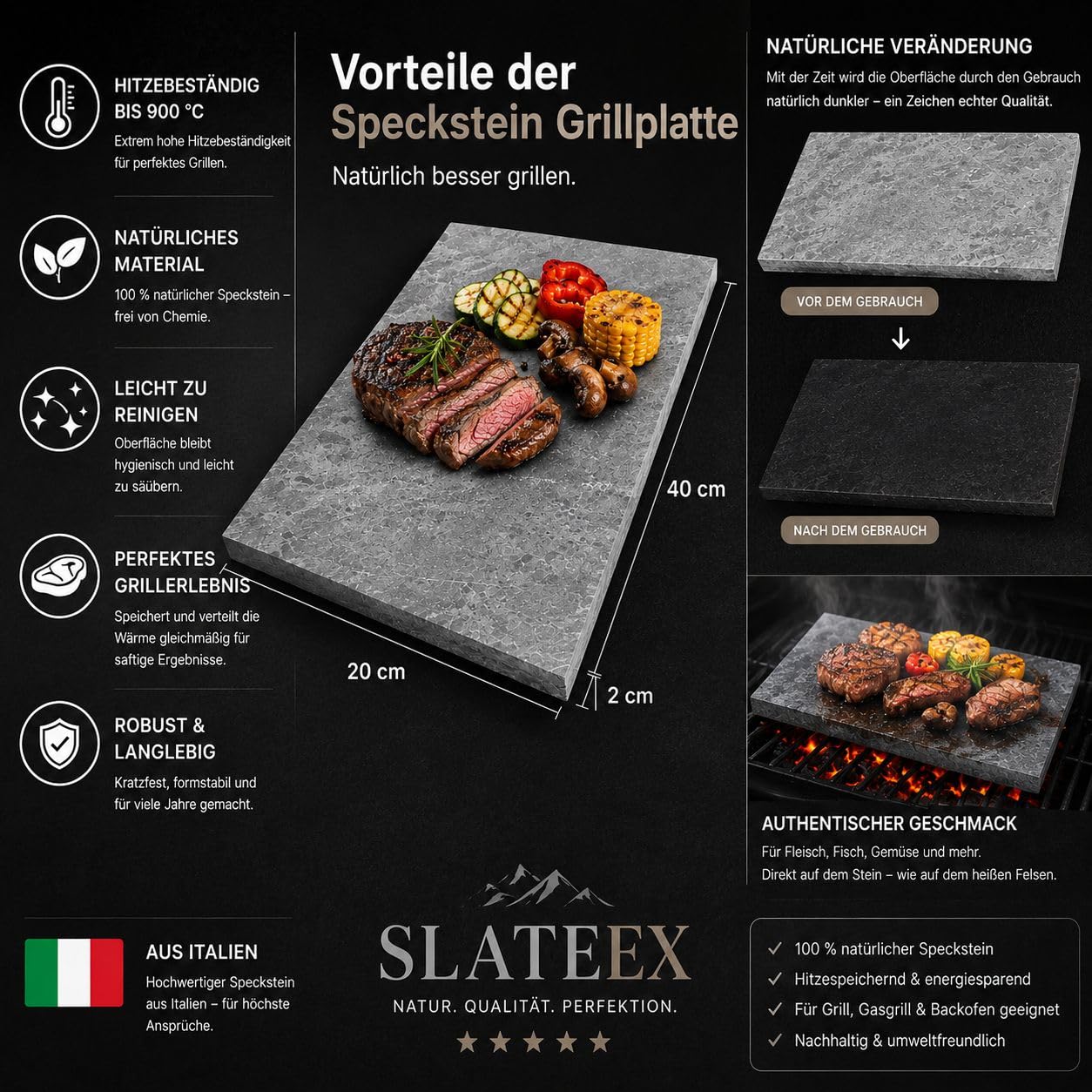 Piastra grill Elegant Line, pietra ollare prodotta in Italia, 34,5 × 18,5 × 2 cm, piastra da portata calda, distribuzione uniforme del calore (40 x 20 x 2 cm)