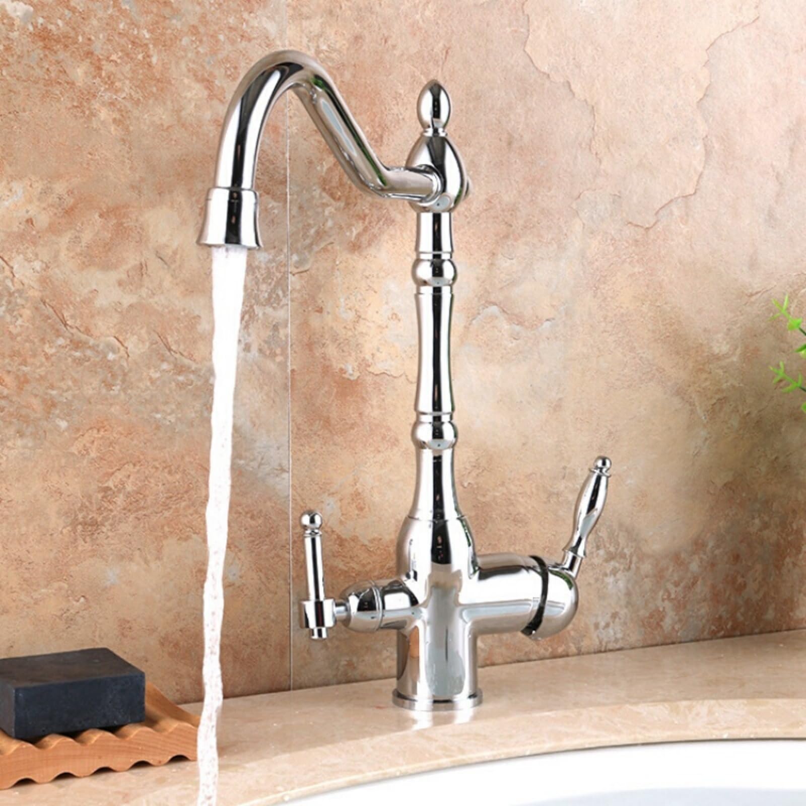 GLETSF 3-Way Kitchen Faucet - Black Drinking Waterap 360 Swivel Dual Handle Deck Mounted Square Sink Mixer with Aerator for Clean Water,