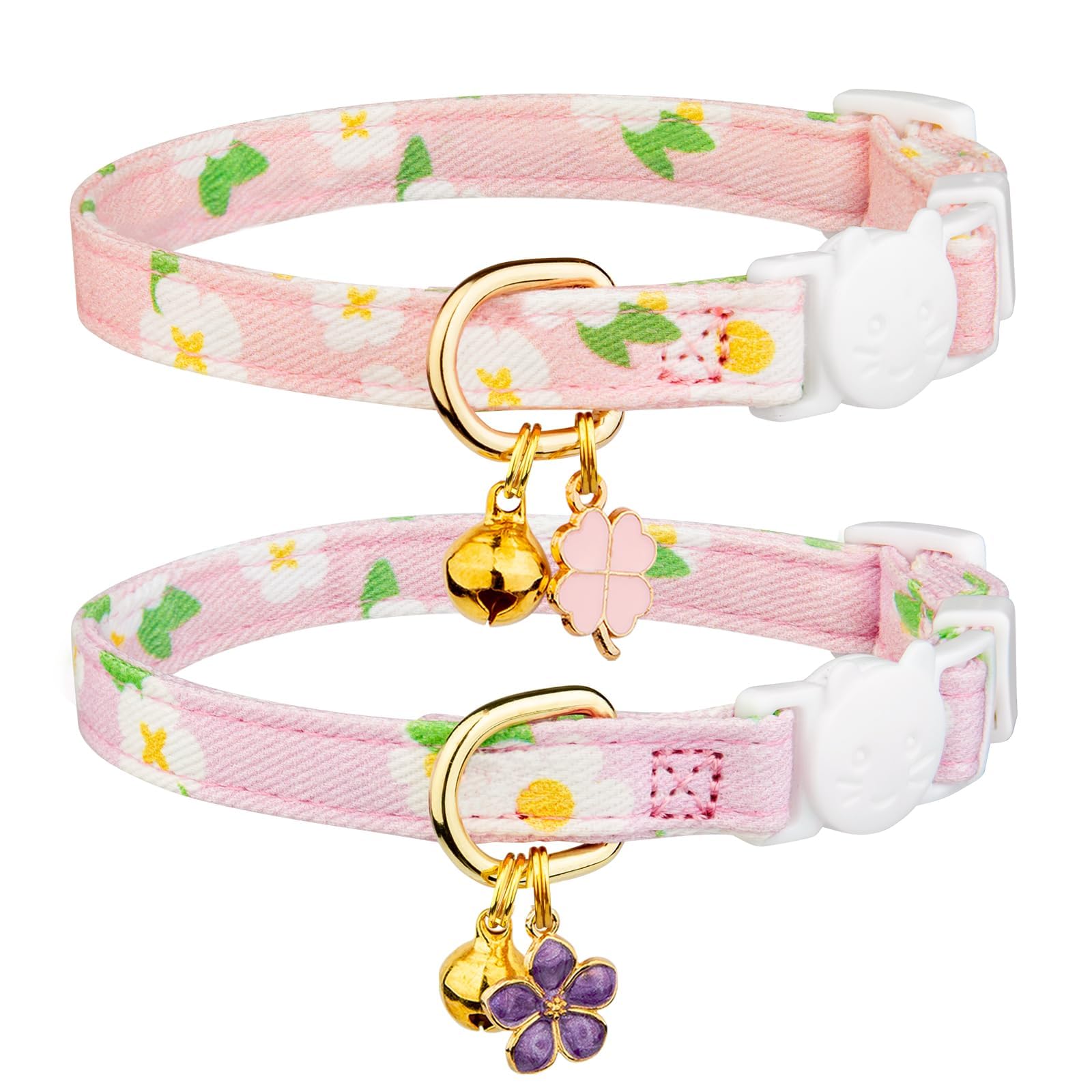 2 Pack Cotton Breakaway Cat Collar Purple and Pink Flowers Pendant Cute Kitten Cat Collar with Bell - Purple&Pink