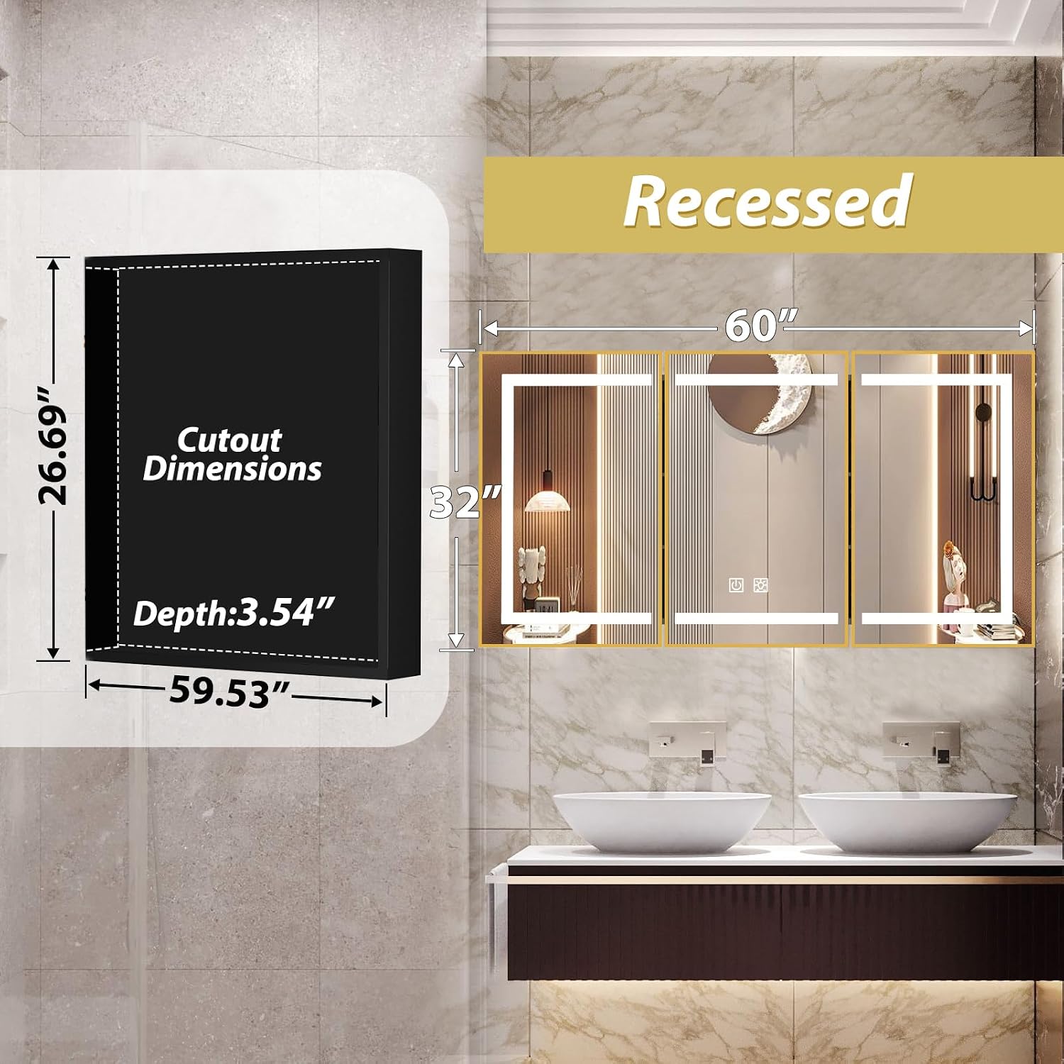 ROOMTEC Lighted Medicine Cabinet with Mirror, Bathroom Mirror Cabinet with Lights and Storage, 3 Doors Bathroom Wall Cabinet with LED Lights,Gold, 60"x32"