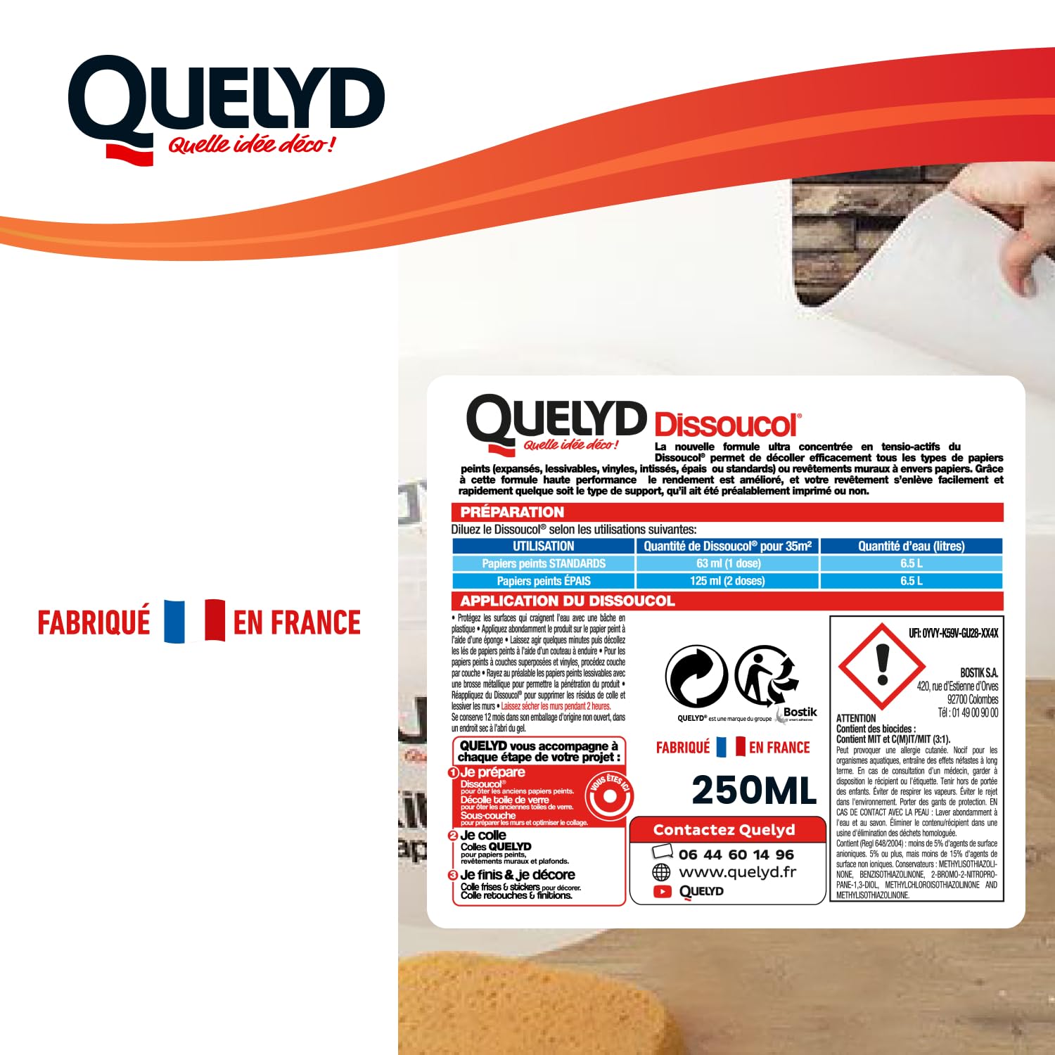 Quelyd Despegar papel pintado superpotente disolucol – eficaz en 5 minutos en todas las paredes y papeles pintados – Detergente y elimina los residuos – 1 frasco de 250 ml (140 m²)
