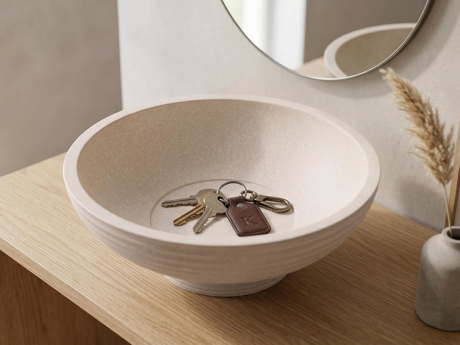 Minimalist Decorative Pedestal Bowl, 11.2''D Resin Horizontal Stripes Catch All Bowl for Keys, Candles, Boho Large Dish for Coffee Table Centerpiece, Entryway Console Table, Beige White