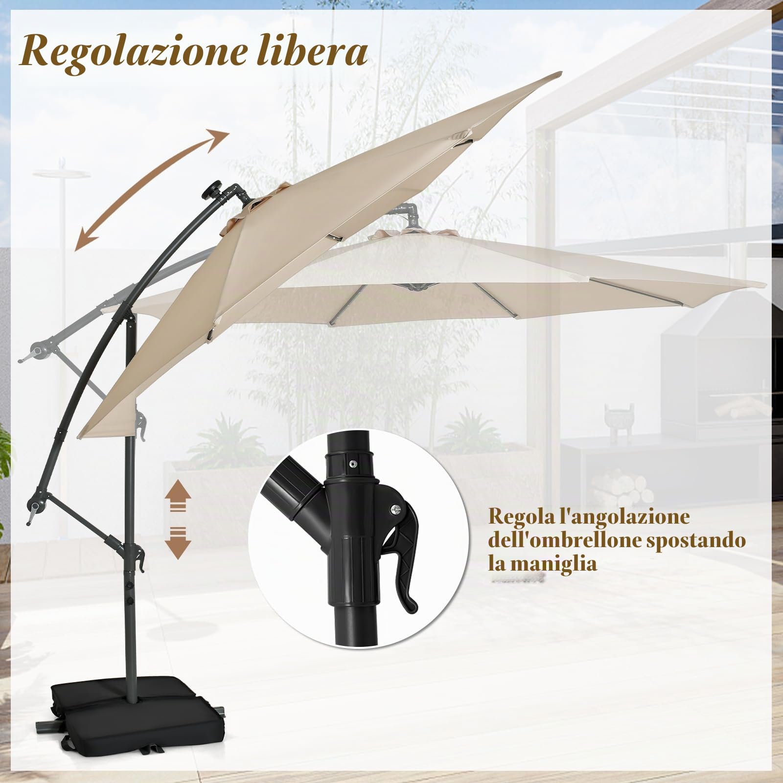 KOMFOTTEU Ombrellone da Giardino con LED e Pannello Solare, Ombrellone Parasole con Sacchi di Sabbia, Anti UV, Impermeabile, Regolabile ad Angolo, Ombrellone da Giardino 3x3 con Manovella