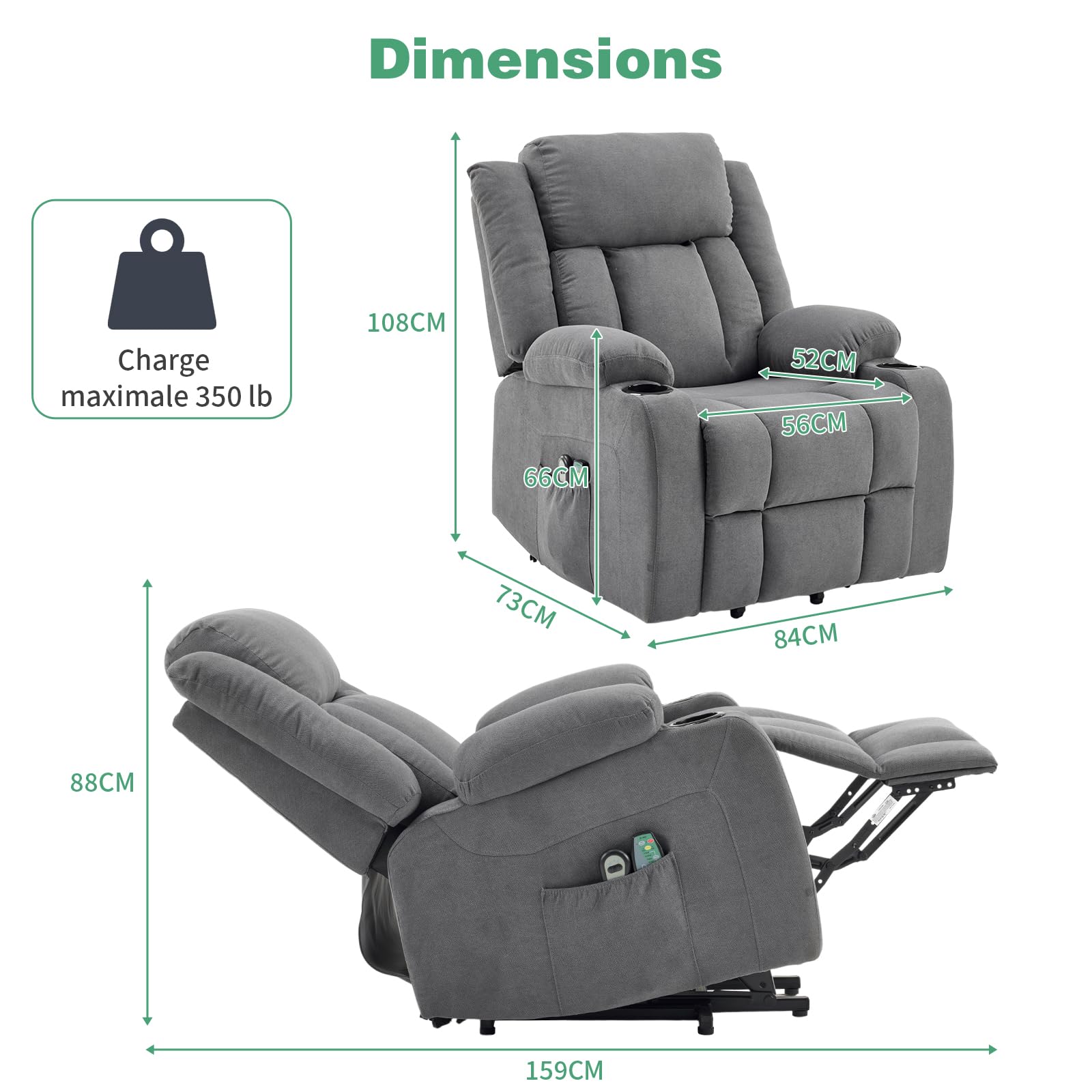 LEADZM Fauteuil Releveur Électrique Relax avec Fonction Massage et Chaleur, Inclinaison Réglable et Repose-Pieds, Télécommande Incluse Dunkelgrau