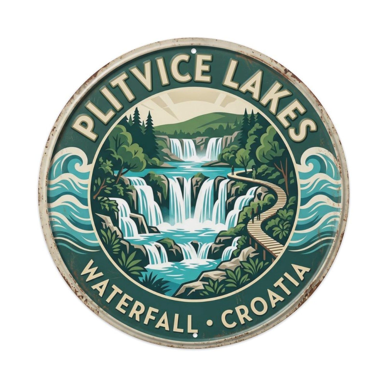 Plitvice Lakes Waterfall Croatia Nature Metal Tin Sign Plaque Wall Decor for Cafe, Club Bar, Office, Home Garden Round Metal Poster 8x8Inch