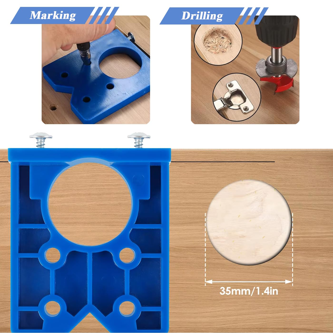 Mesee Hinge Jig Drill Bits Set 35mm Forstner Bit with Door Hinge Hole Jig Template Concealed Hinge Hole Drill Guide Locator Woodworking Cabinet Hinge Boring Jig Hole Cutter Positioner Tool Kit