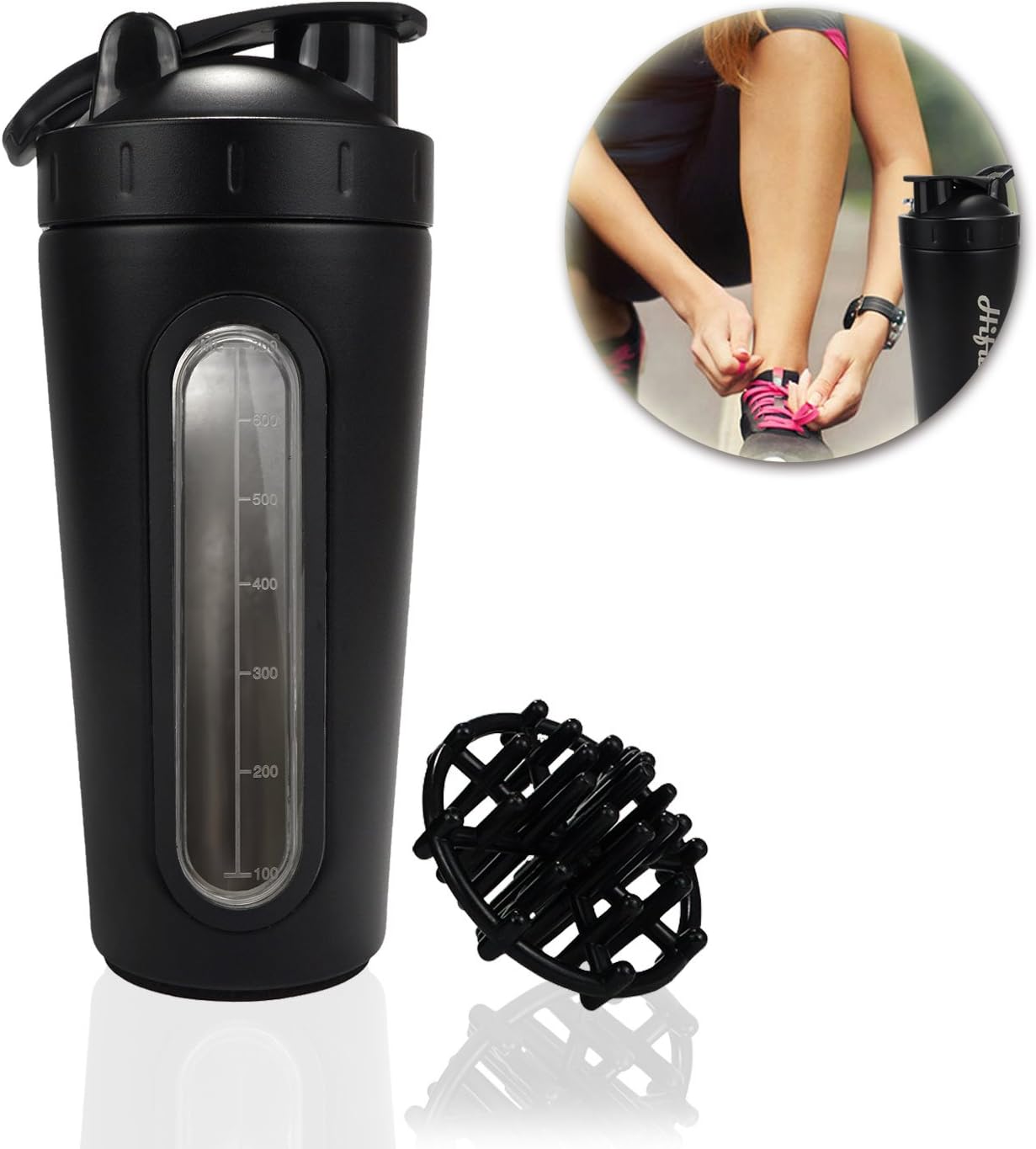 HiFunSky Protein Shaker Bottle, Portable 26 Ounce Vortex Mixer Bottle for Shake with Scale,304 Stainless Steel Dishwasher Safe Leak Proof Shaker Cup Stirring Mug for Various Powder with Shaker Ball