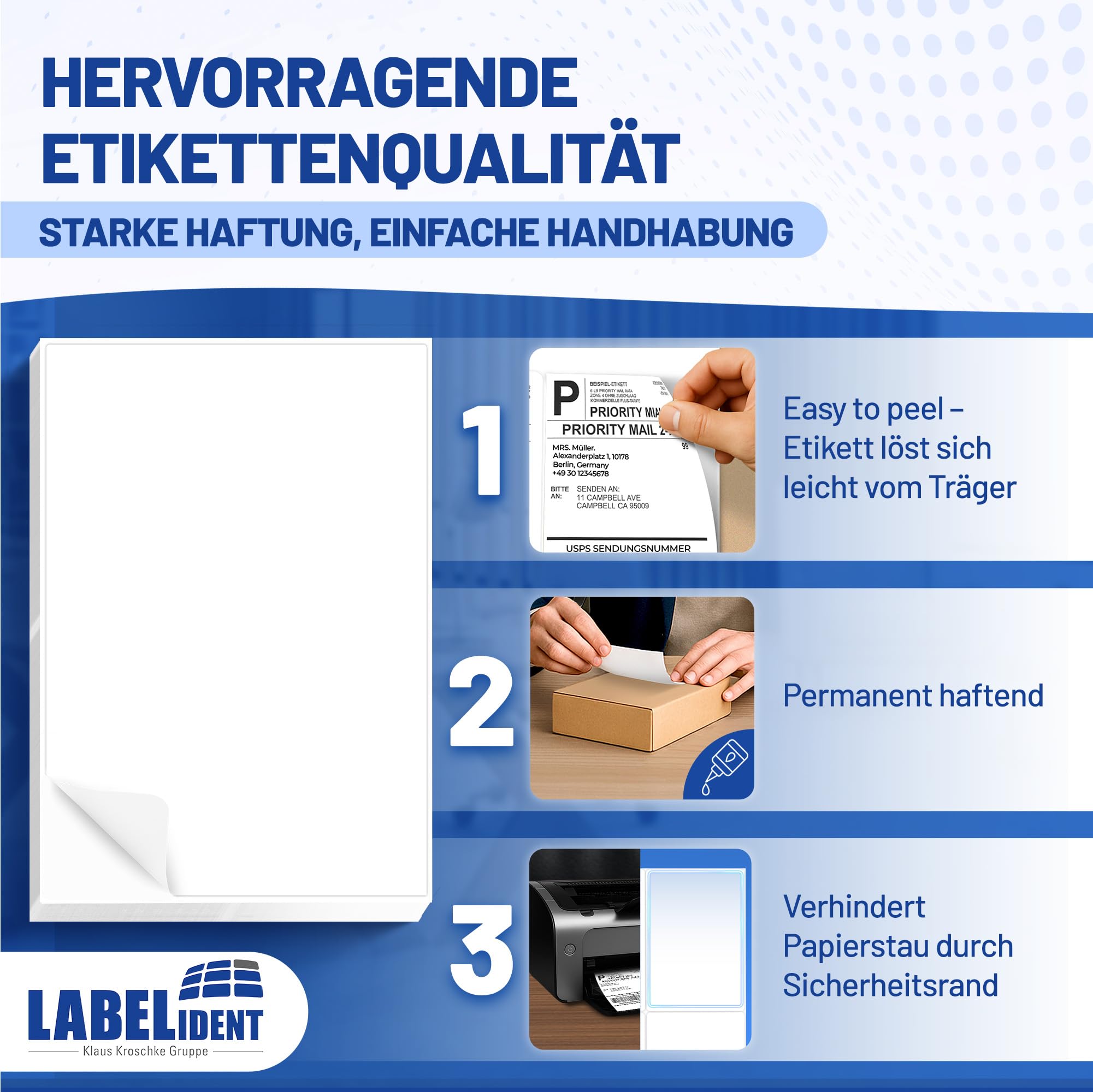 Labelident Etichette per spedizione, formato A4, 210 x 297 mm, 500 etichette autoadesive su 500 fogli DIN A4, per DHL, DPD, Fedex, GLS, Hermes, UPS – per stampanti laser e inkjet I carta opaca