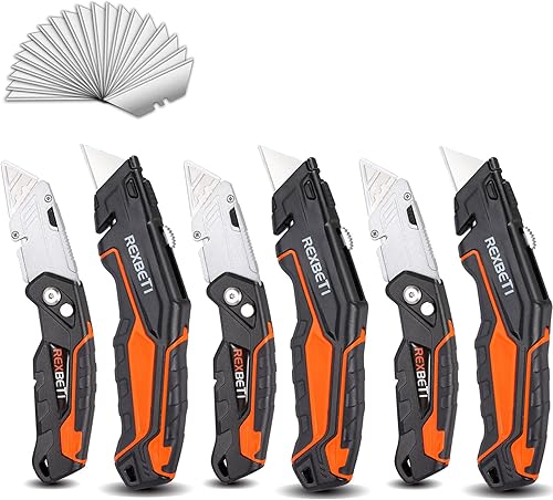 REXBETI Paquete de 6 cuchillos plegables retráctiles, cortador de caja resistente SK5 para cartones, cartón y cajas, diseño de almacenamiento de