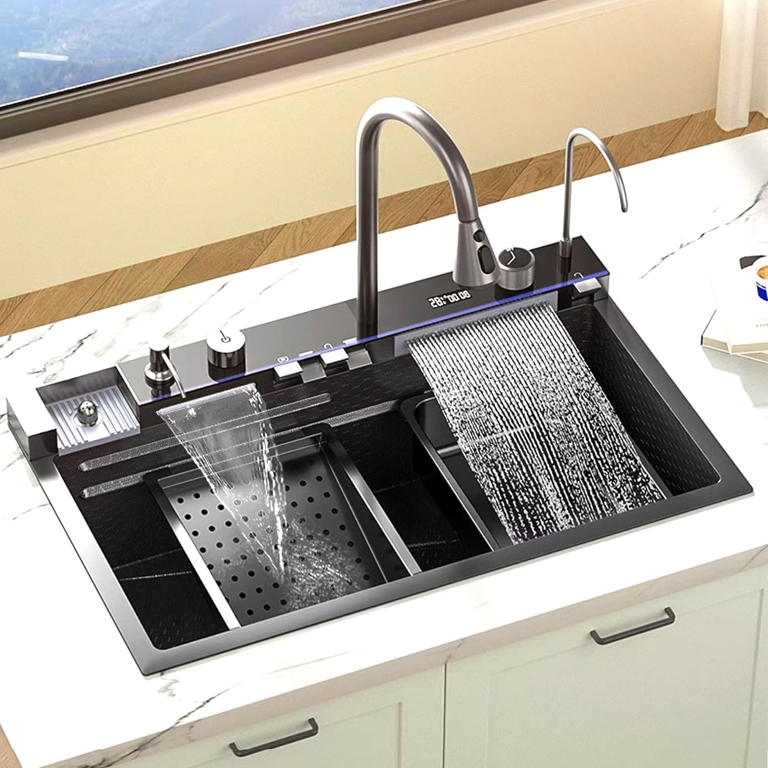 PASPRT Drop Stainless Steel Sink - 29.5'' Modern Topmount Single Bowl Workstation Sink with LED TEMP Display, Cutting Board, Waterfall Design