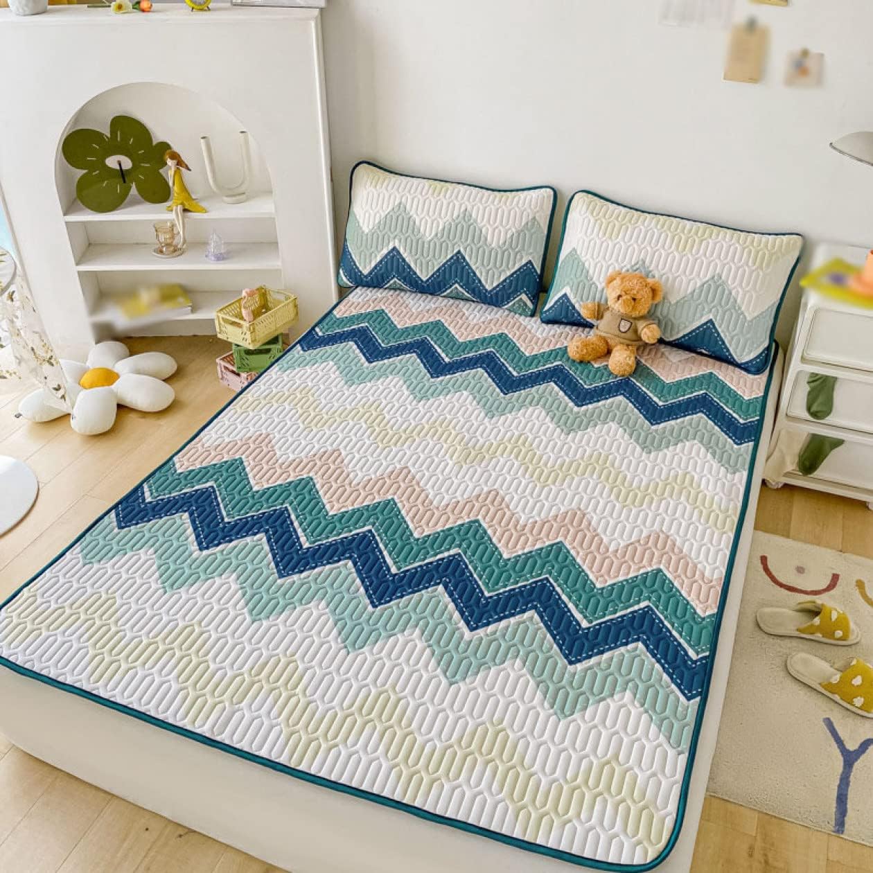 Quilted mattress pad, 200*220cm, 3-piece set, cool to the touch, summer comforter, shape-retaining, mattress pad, interior, color 4, cool, summer use, sheet pad, cool, single, moisture absorbing and