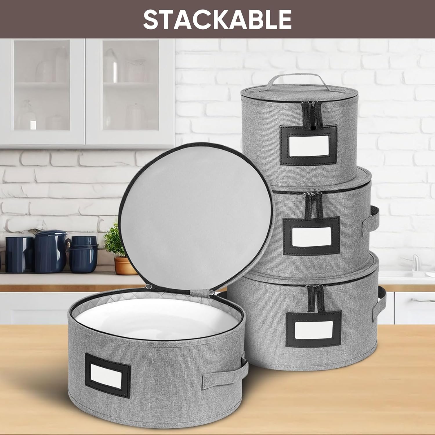 BALEINE China Storage Containers, Sturdy Quilted Wine Glass Storage, Plate Organizer with Carry Handles, Moving Boxes for Dishes, Cups, Mugs and Stemware (Plate, Hard Shell Grey)