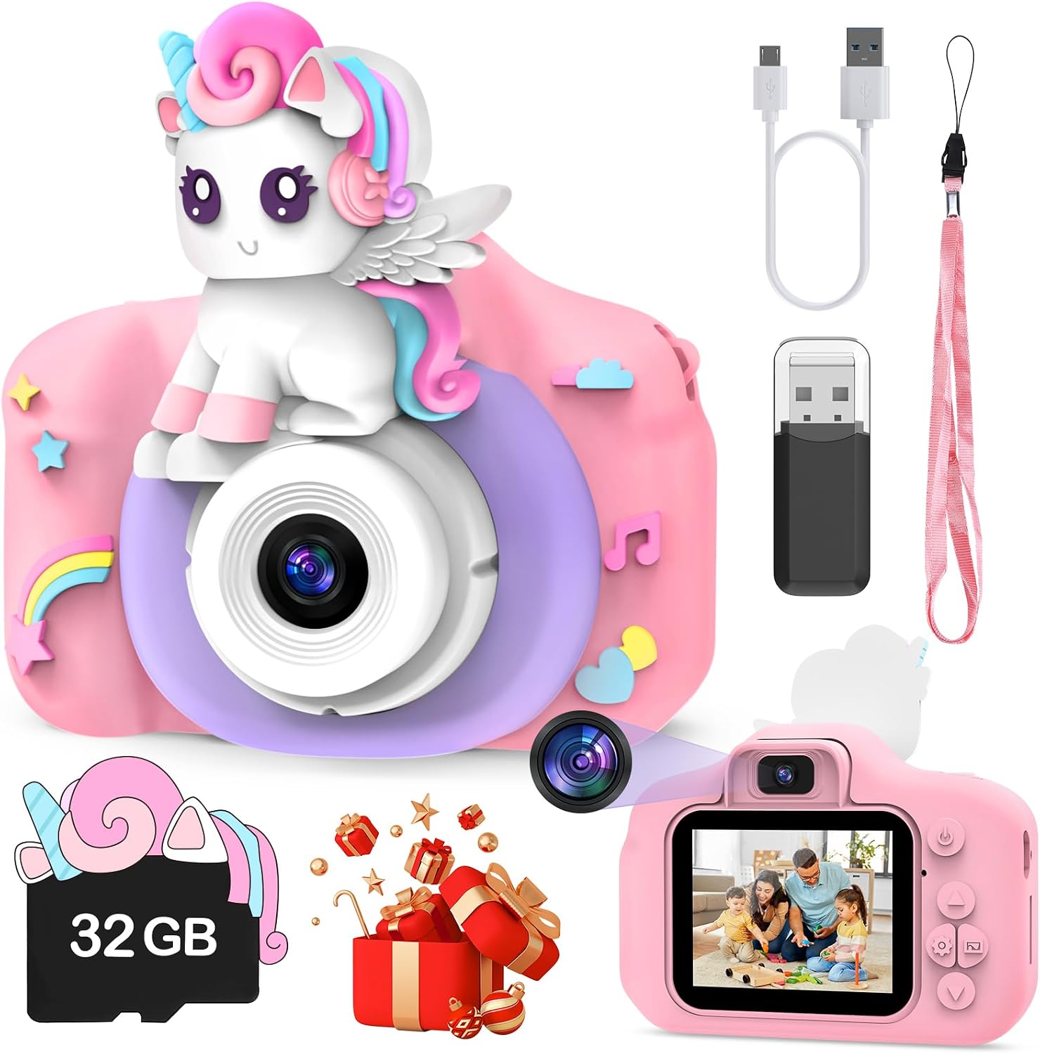 Skirfy Kids Camera,Unicorns Camera 1080P HD Digital Video Camera for Girl Toys 3-12, Selfie Camera Toys for Girls, Toddlers Birthday Gift Girl Toys Age 4-5 Boys with 32GB SD Card