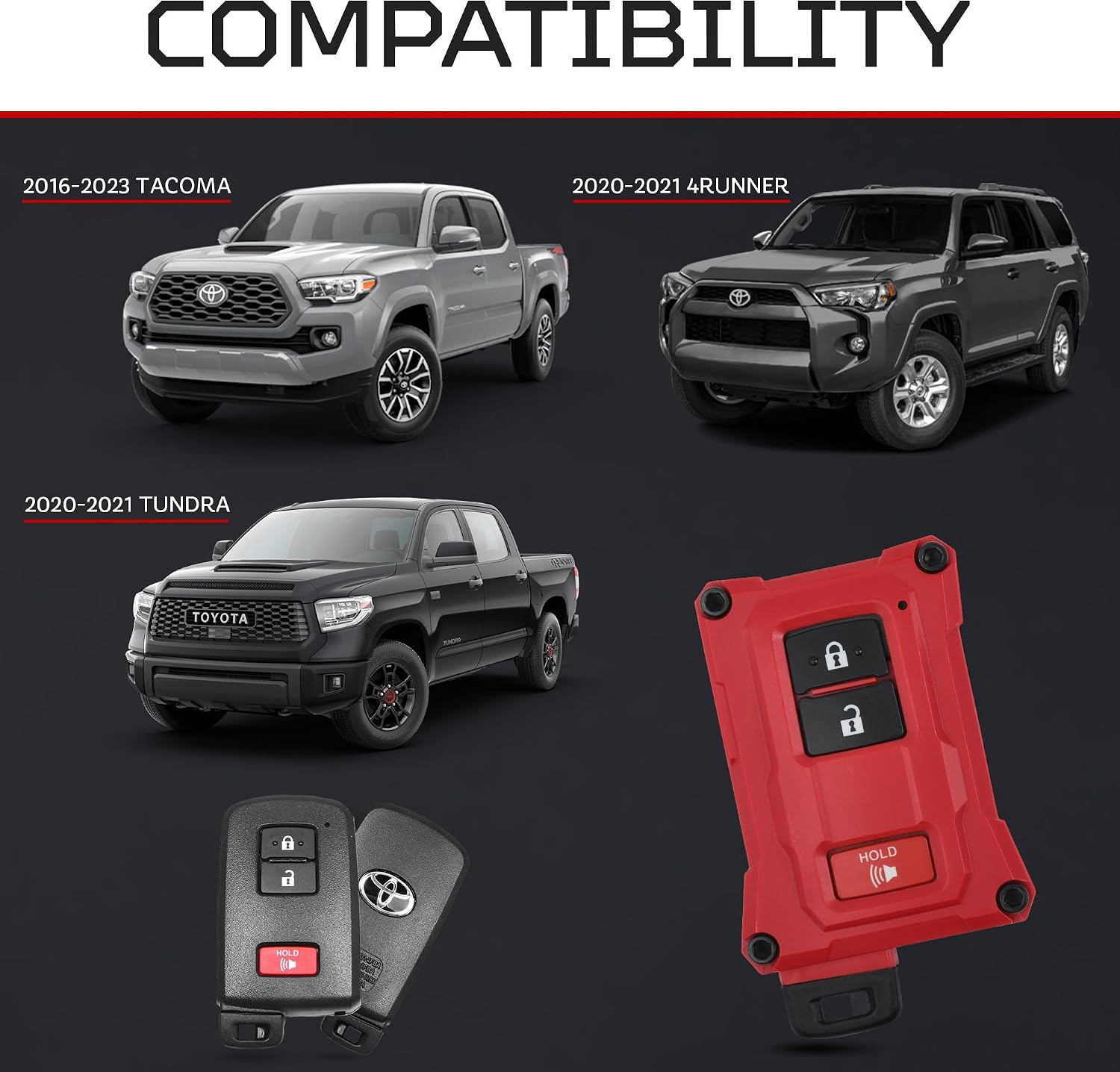 AJT DESIGN Replacement Key Fob Case Compatible with Toyota Tacoma, Tundra, 4Runner V1, Injection Fob V1.5 - RED