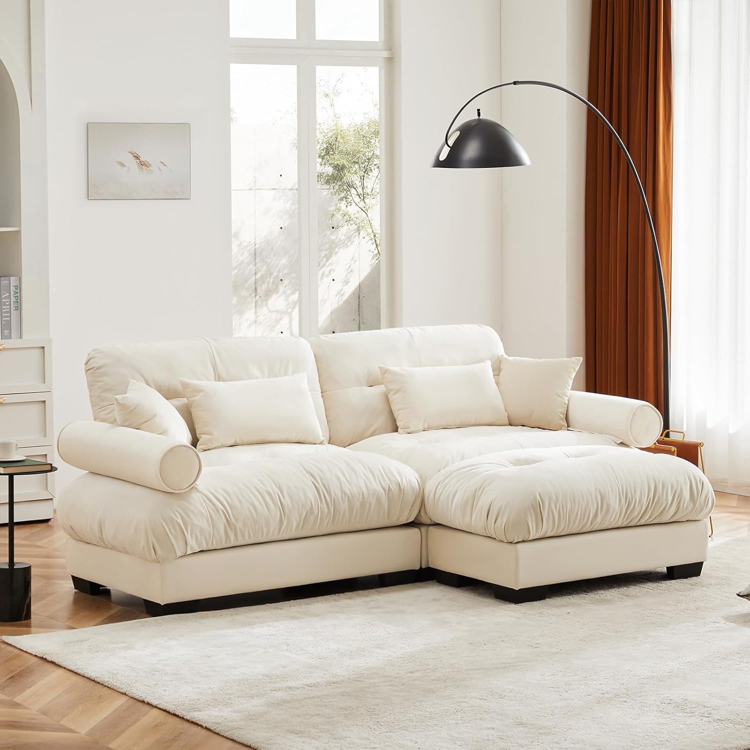 93.7" Loveseat Sofa, 2 Seater Modular Sectional Sofa, Beige White Large L Shaped Sectional Couches for Living Room, Fluffy Couch, Love Seat, Velvet Cloud Couch with Ottoman, Deep Seat for Living Home