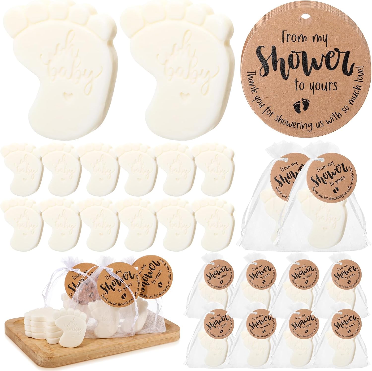 50 Sets Baby Shower Soap Favors for Guests Boy Girl Mini Handmade Scented Soaps with Thank You Tags and Organza Bags for Shower Gender Reveal Party Favors(White Footprint,Oh Baby)