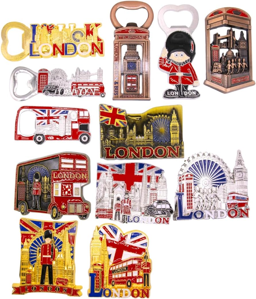 Set of 12 I Love London Magnets - Souvenir Fridge Magnet and Bottle Opener- Union Jack London - Magnets for Home and Kitchen Accessories or Collectibles with Big Ben and British Flag.