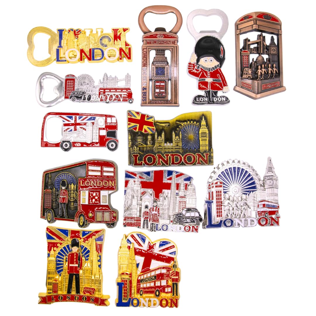 Set of 12 I Love London Magnets - Souvenir Fridge Magnet and Bottle Opener- Union Jack London - Magnets for Home and Kitchen Accessories or Collectibles with Big Ben and British Flag.