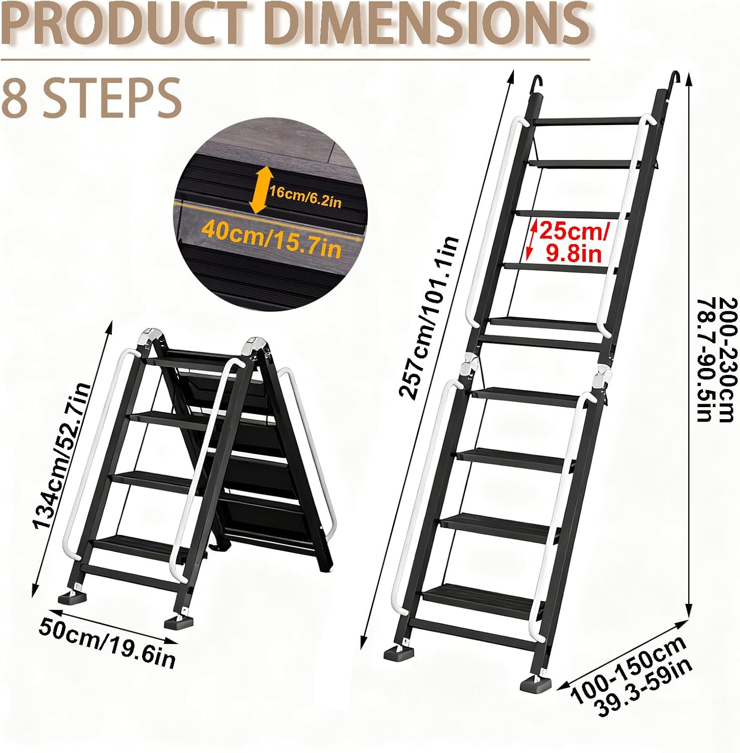 Foldable Aluminum Loft Stairs Ladder, 8 Step Folding Bunk Bed Ladders with Handrails, Portable Anti-Slip Egress Attic Ladders, Floor-Mounted Metal Roof Access Step Ladder for Dorm RV Home Attic Stair