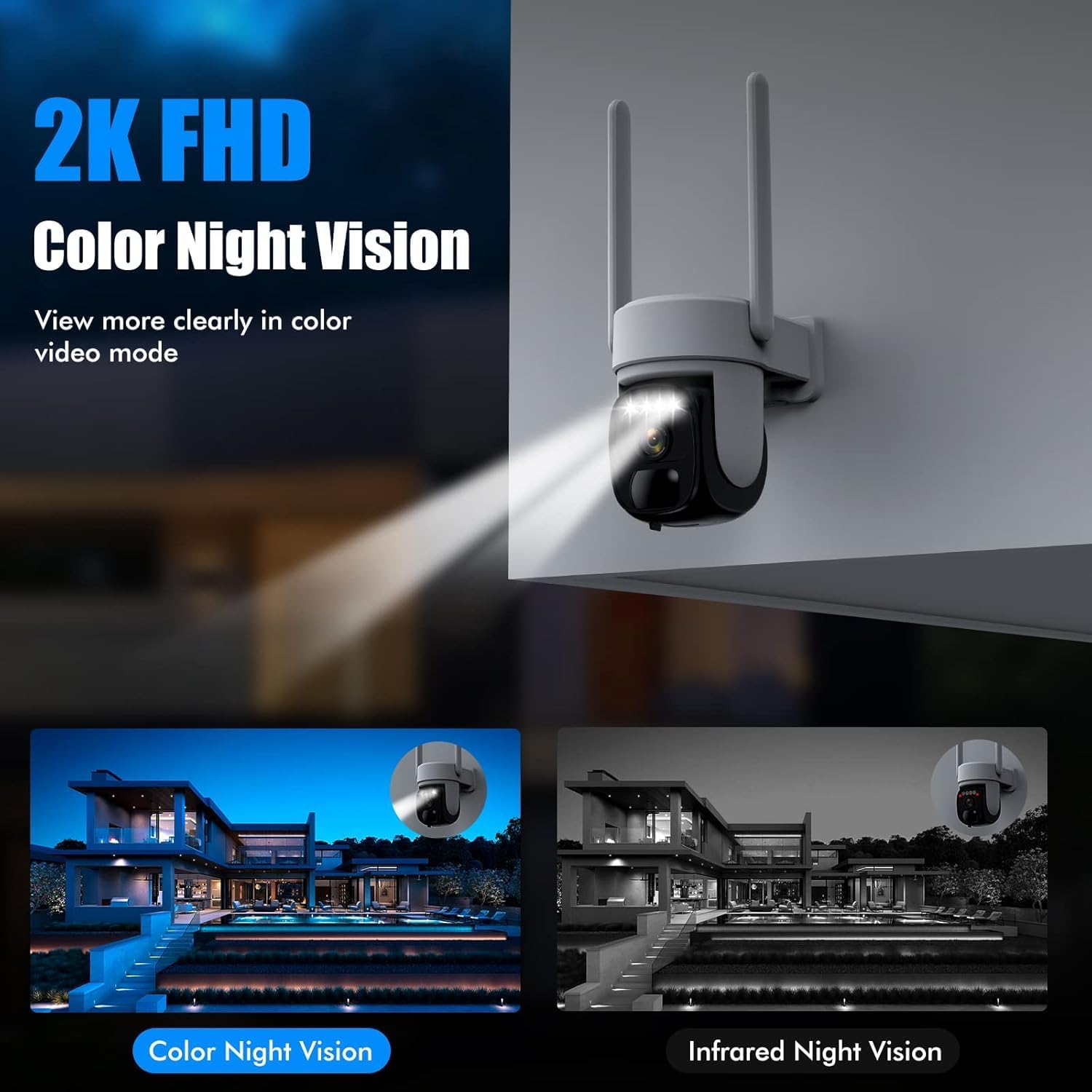 Comparison of 2K FHD color night vision and infrared night vision, showing a house at night.