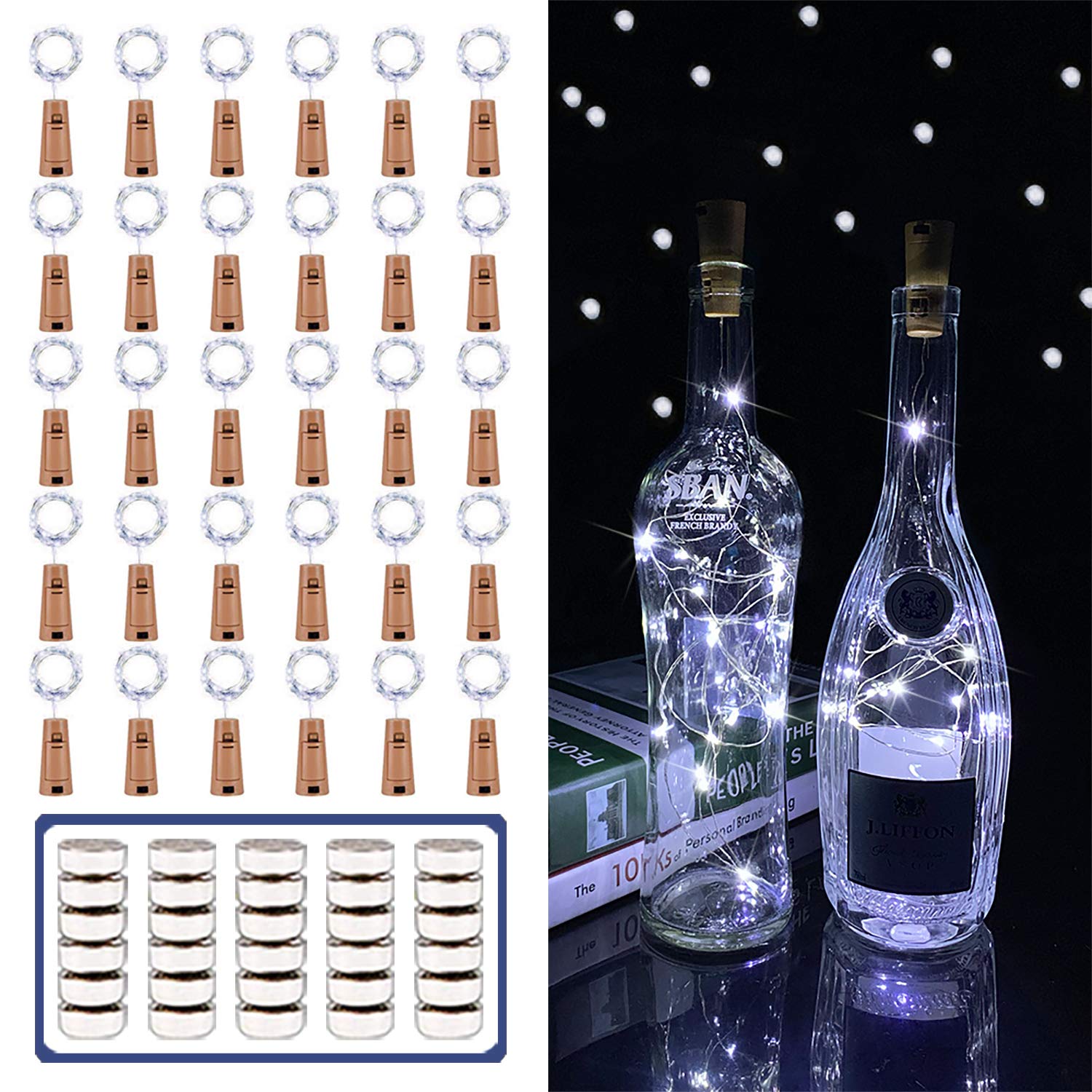 MUMUXI 30 Pack 20 LED Wine Bottle Lights with Cork, 3.3ft Silver Wire Cork Lights Battery Operated Fairy Mini String Lights For Liquor Bottles Party Wedding Halloween Christmas Decorations, Cool White