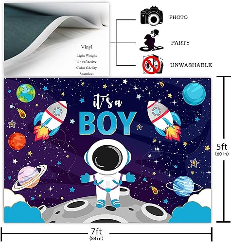 Miniatura 2 de Avezano Telón de fondo para baby shower con texto en inglés "It's A Boy", astronauta azul, decoración de fiesta de baby shower, temática del