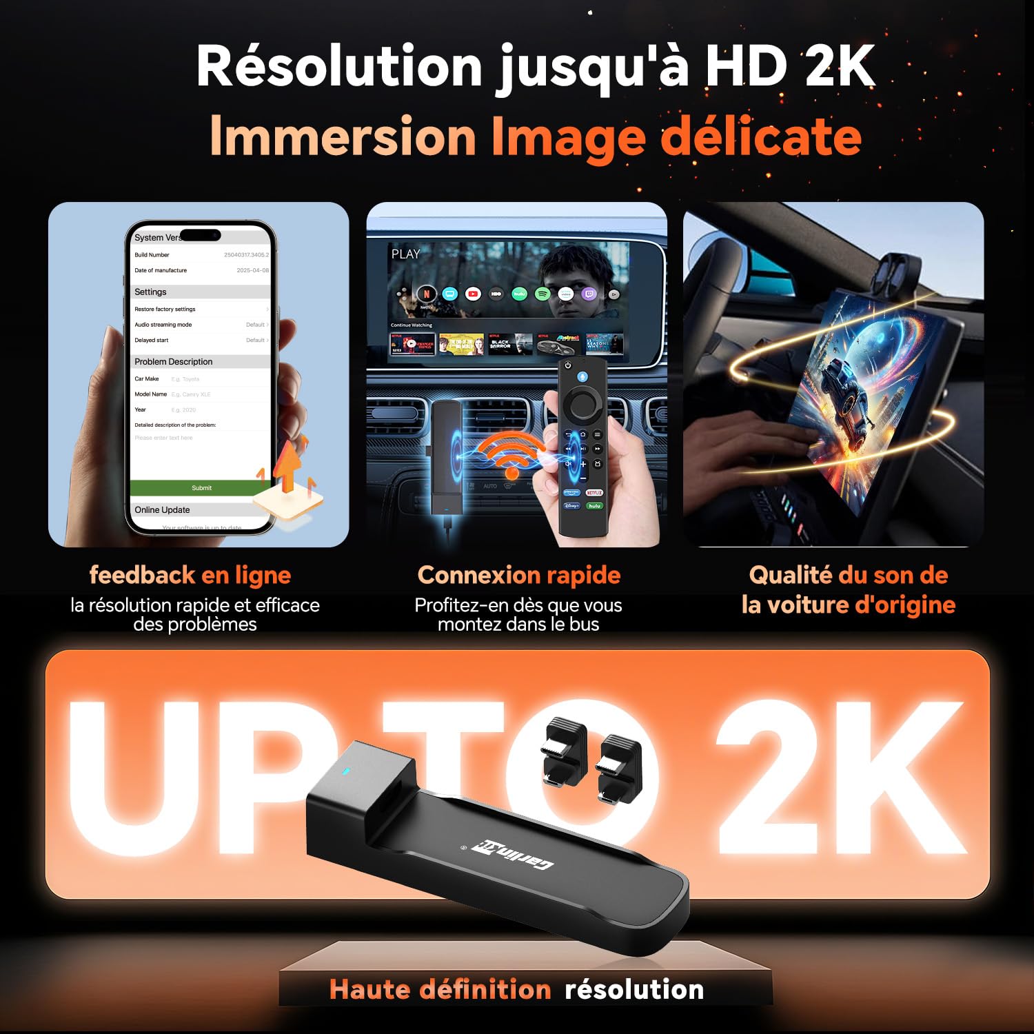 Carlinkit FireDrive Link Pro Adaptateur TV Stick vers CarPlay, convertit CarPlay filaire en HDMI, prend en charge CarPlay sans fil et Android Auto, conserve les commandes OEM et le micro, Plug & Play