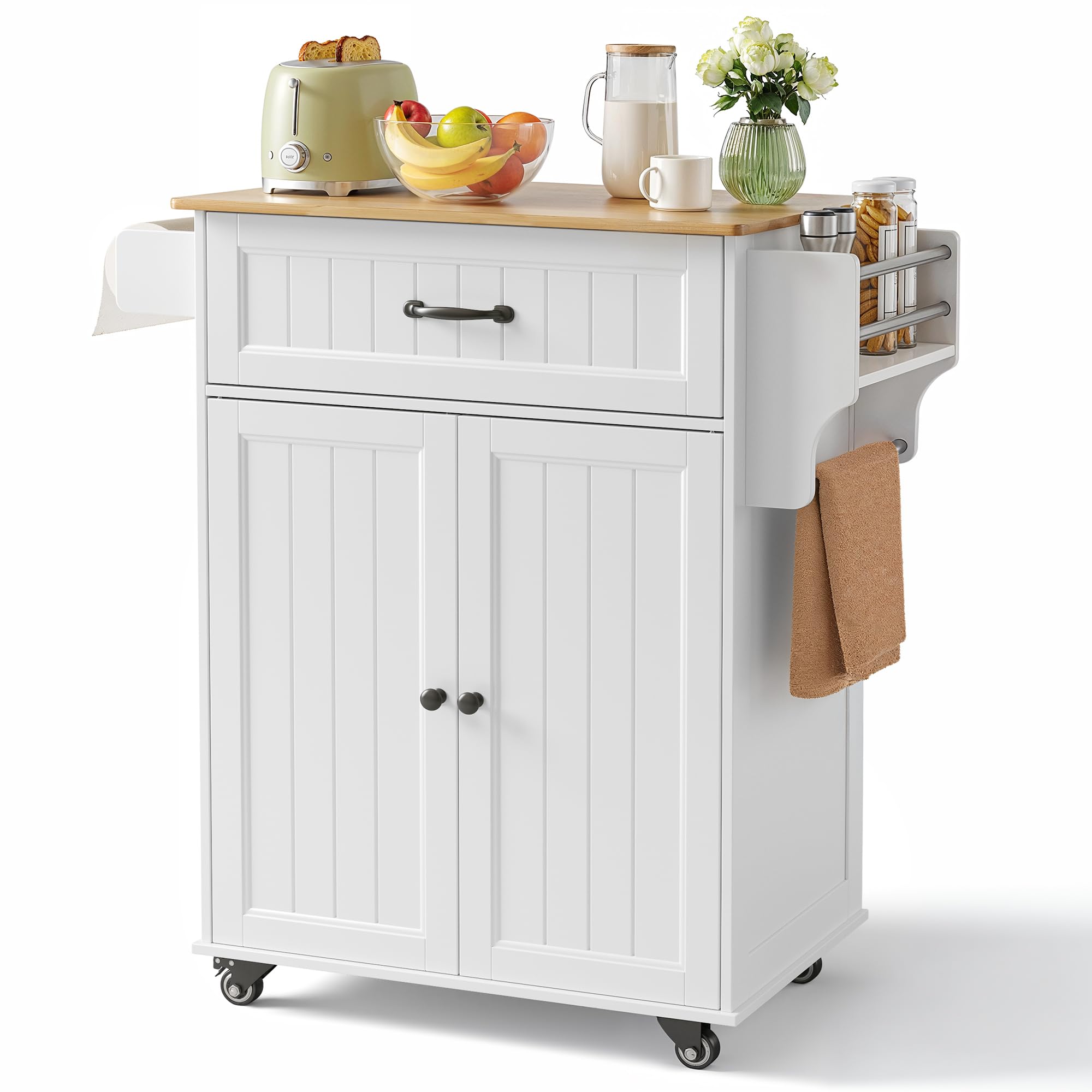 Bealife Küchenwagen mit Handtuchhalter und Gewürzboard, Kücheninsel auf Rollen, Bewegliche Küchenwagen mit Arbeitsplatte, Servierwagen für Küche, Esszimmer, Flur (weiß)